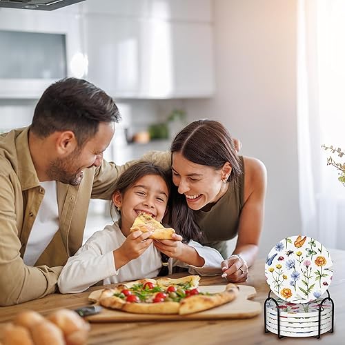 Miniatura 2 de 6 posavasos con soporte, diseño de flores botánicas, redondas, absorbentes de cerámica, para protección de mesa, para taza de café, bebidas, vino,