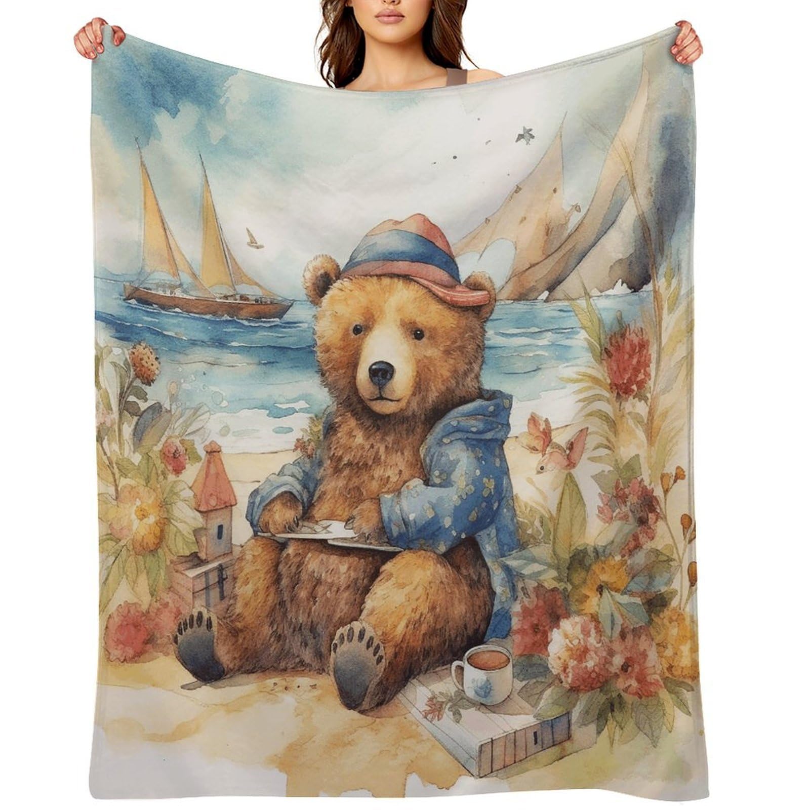 Flannel Fleece Throw Blanket - 50"x60" Super Soft Plush,Lightweight Wrinkle Resistant Cozy A Bear on The Beach Blanket for Couch Sofa Bed Travel Camping and Gift