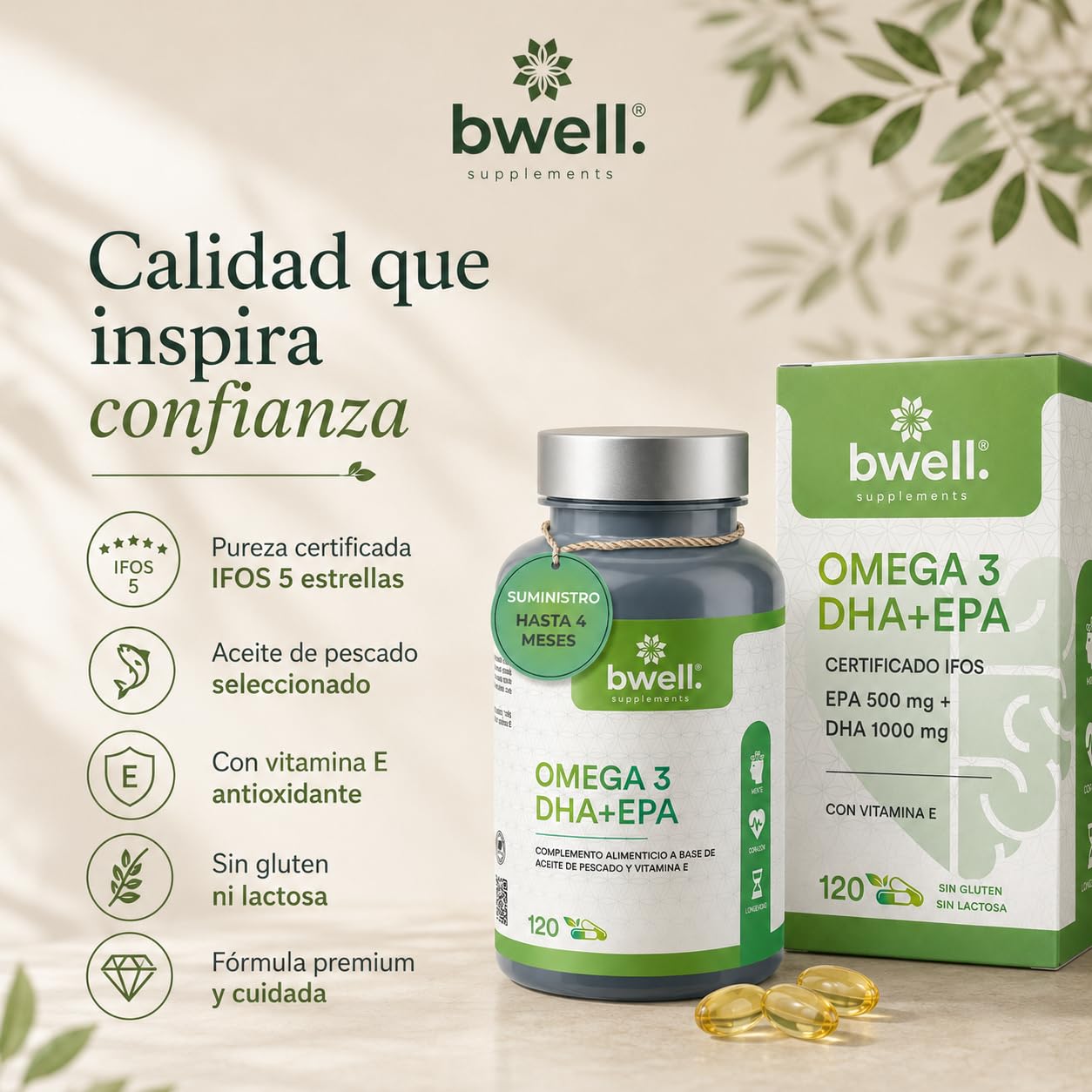 Omega 3 Capsulas Certificado IFOS 500mg EPA + 1000mg DHA 1500mg Alta Concentracion por Dosis + Vitamina E 120 Uds para 4 Meses – Apoya Memoria Vista Corazon y Defensas sin OGM - BWELL
