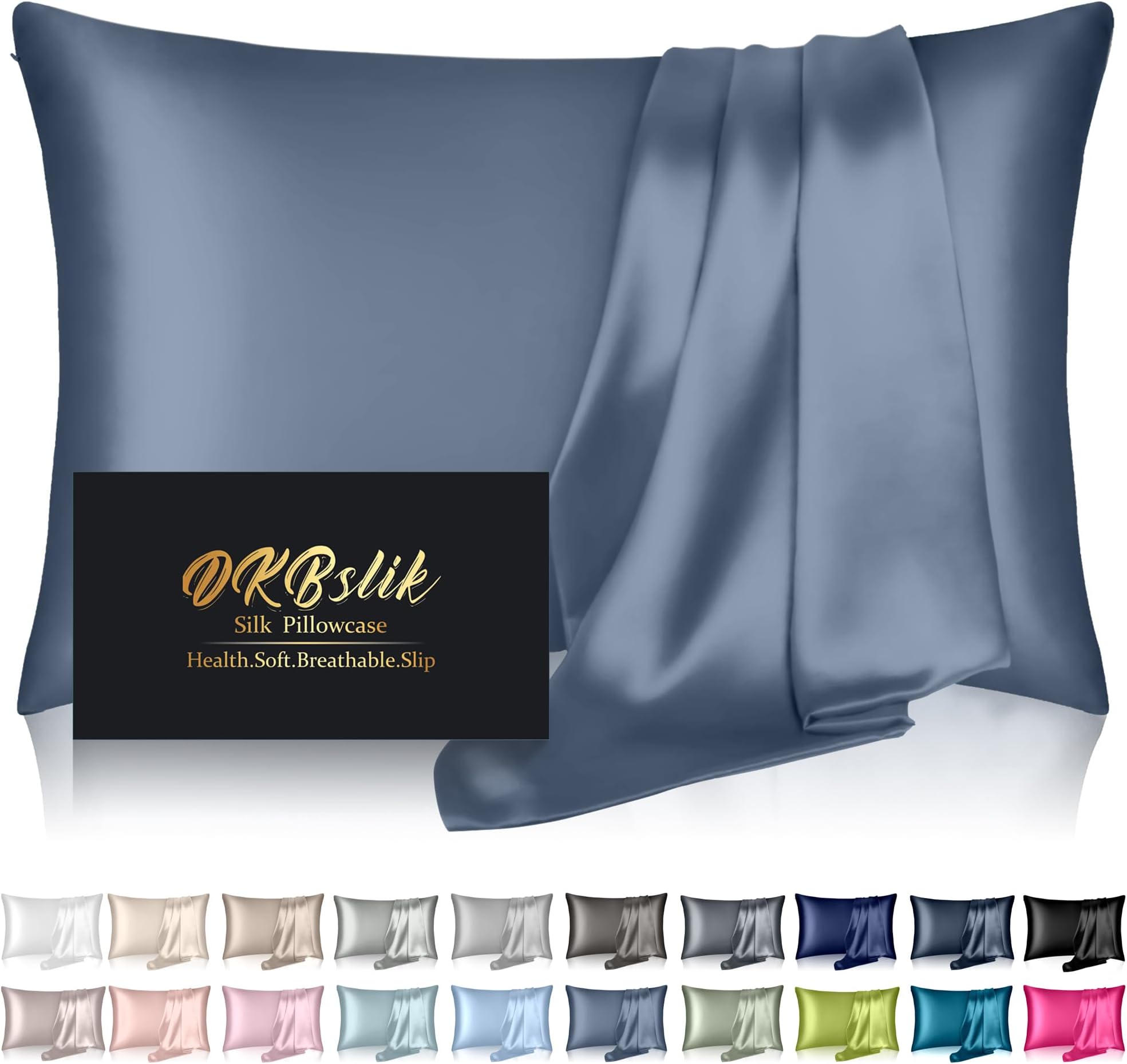 Silk Pillowcase for Hair and Skin, Mulberry Silk Pillow Cases Standard Size, Anti Acne Cooling Sleep Both Sides Natural Silk Satin Pillow Covers with Hidden Zipper, Gifts for Women Men, Ash Blue