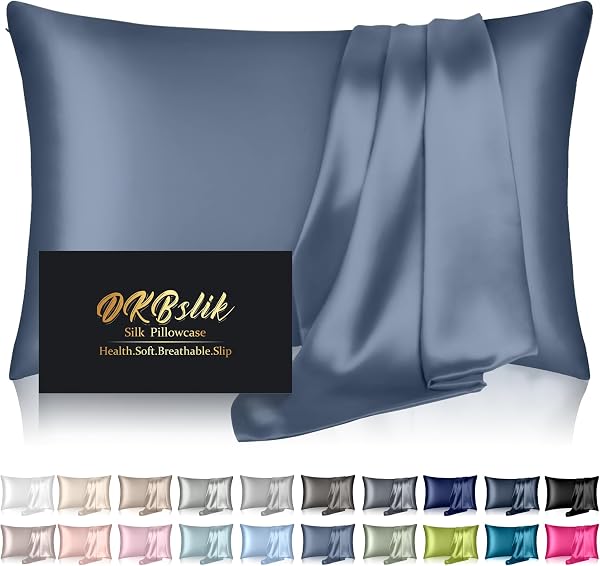 DKBslik Mulberry Silk Pillow Cases Standard Size with Zipper, Ash Blue