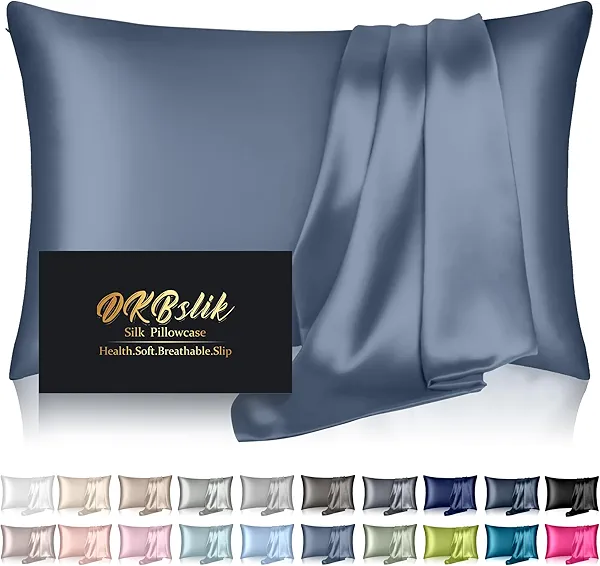 Silk Pillowcase for Hair and Skin, Mulberry Silk Pillow Cases Standard Size, Anti Acne Cooling Sleep Both Sides Natural Silk Satin Pillow Covers with Hidden Zipper, Gifts for Women Men, Ash Blue