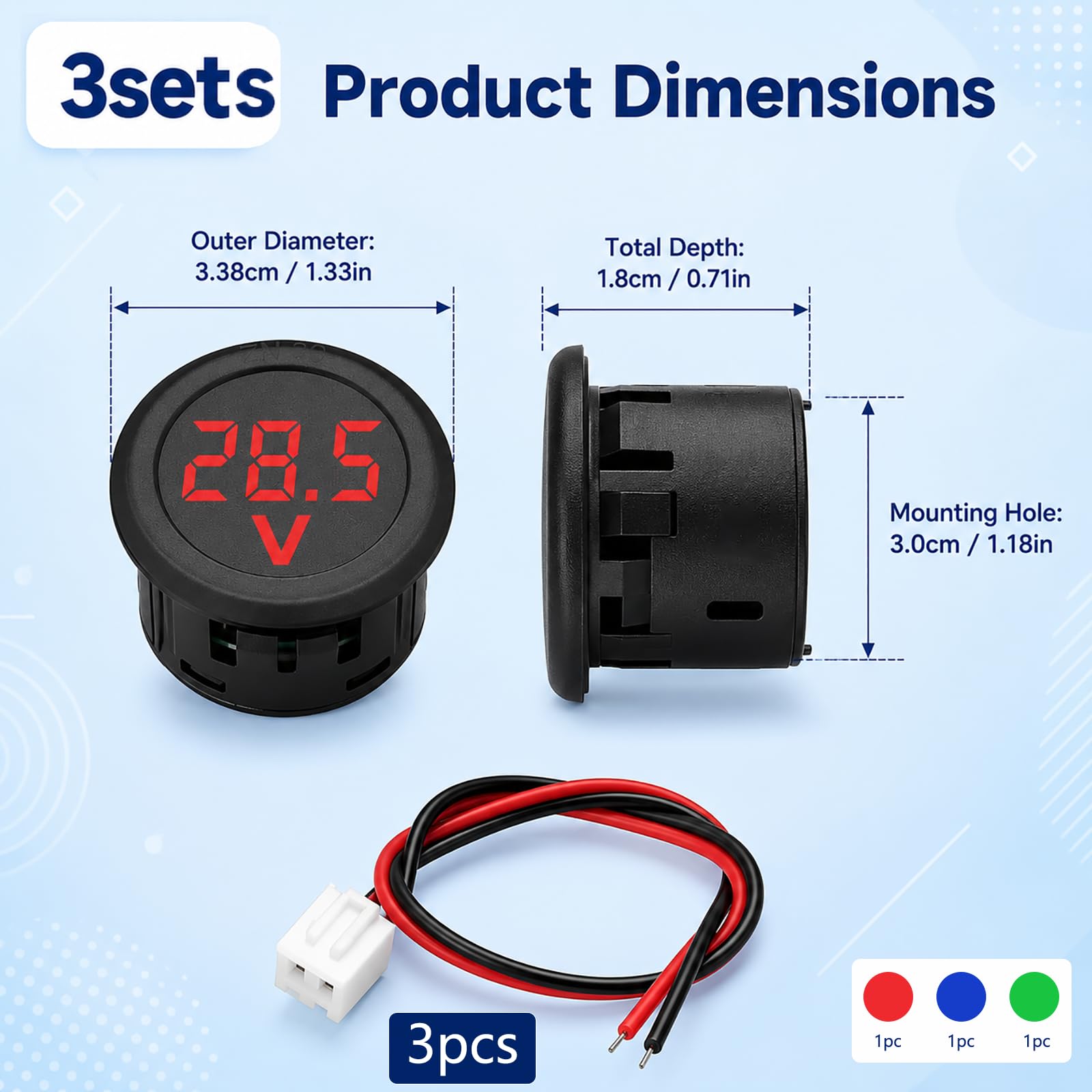 3-teiliges digitales Voltmeter DC 4 100 V, LED-Voltmeter, rund, Spannungsanzeige, rot, blau, grün, für Auto, Motorrad, Wohnmobil, Boot, Solarsystem, Armaturenbrett und DIY-Elektronik-Projekt