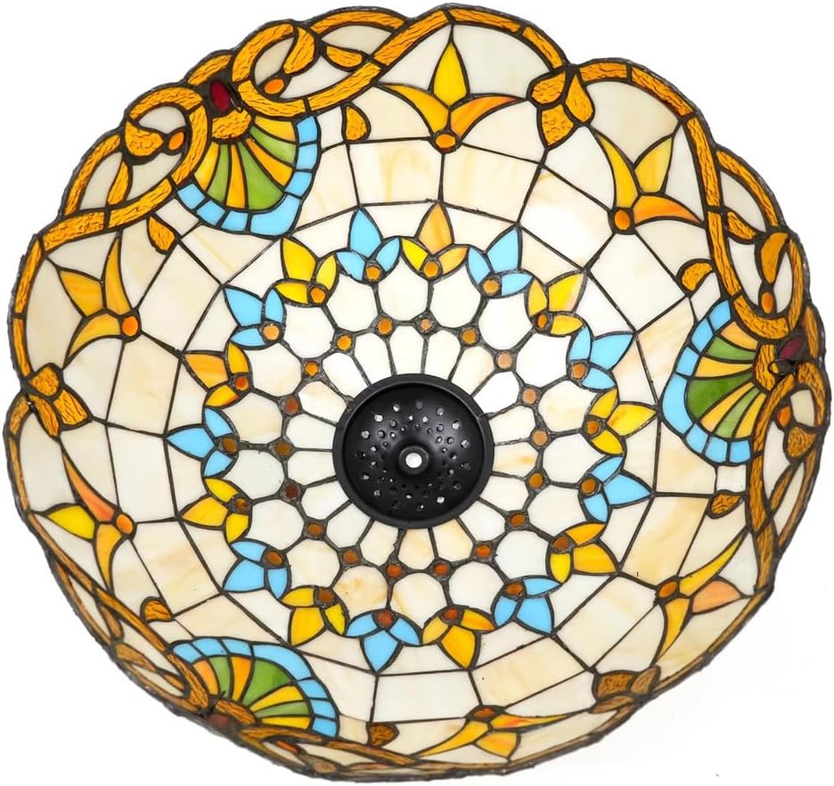 Large Tiffany Lamp Shade Replacement Only Baroque Style Stained Glass Lampshades, W16H9 Inch Glass Light Cover for Table Lamps Pendant Lamps Floor Lights,Beige