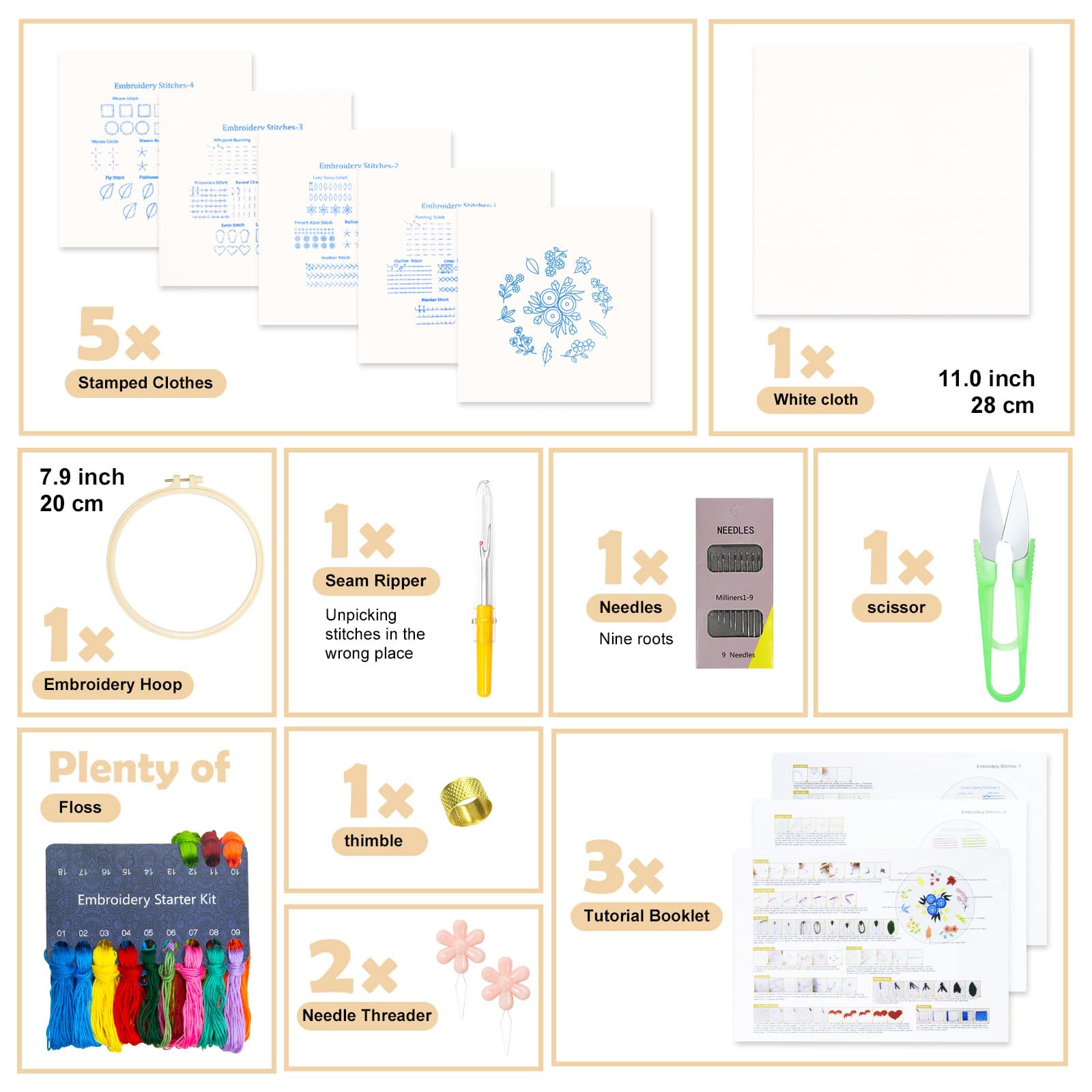 BREENHILL Embroidery Kit for Beginners, 5 Sets with Practice Kit, White Fabric, Tutorial Instructions, Art Craft Kit for Adults & Kids