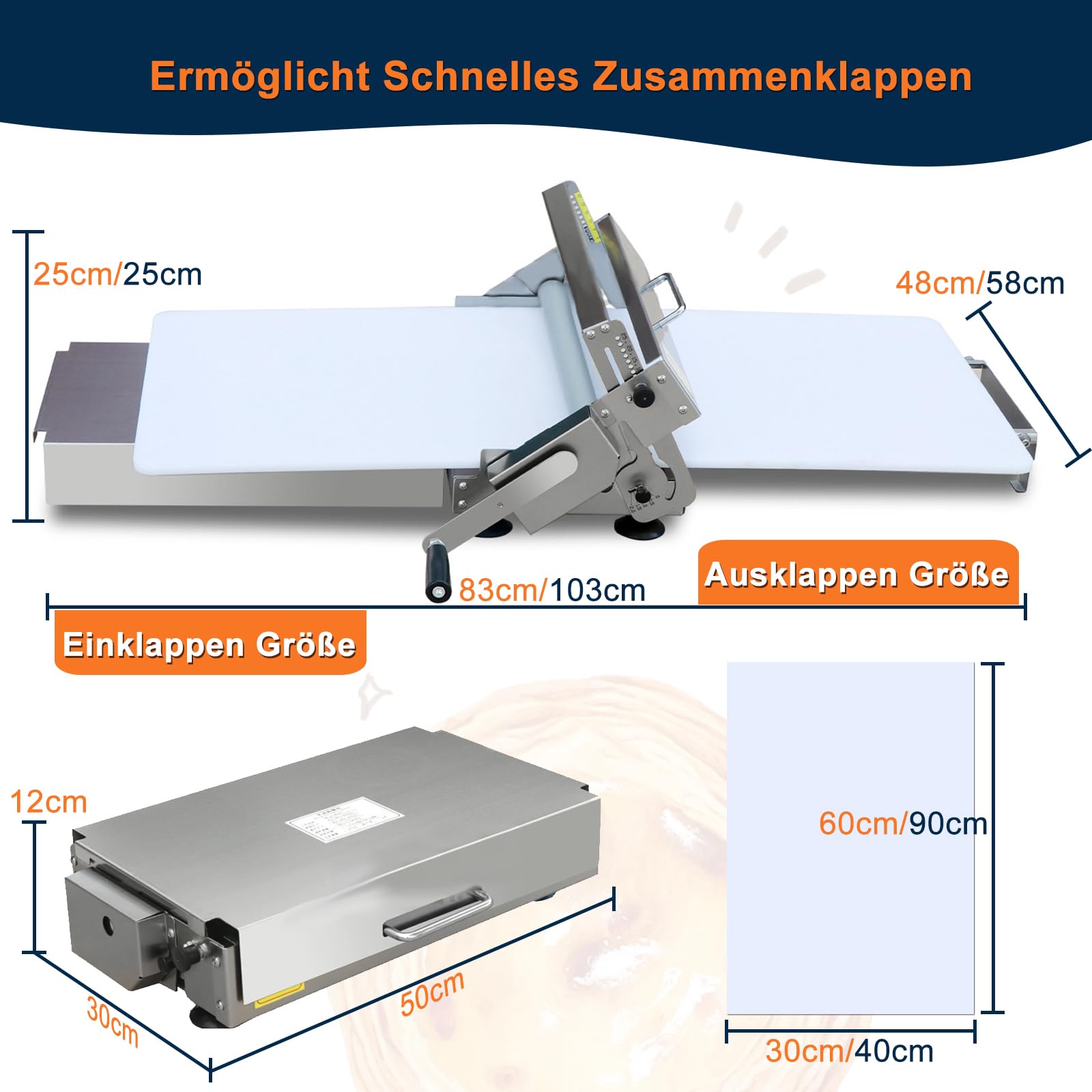 Tragbare,Teigausrollmaschine Faltbar & Manuell | Einstellbare Teigdicke 0-25 mm für Pizzateig, Blätterteig, Nudelteig & Croissants | Edelstahl (90x40cm)