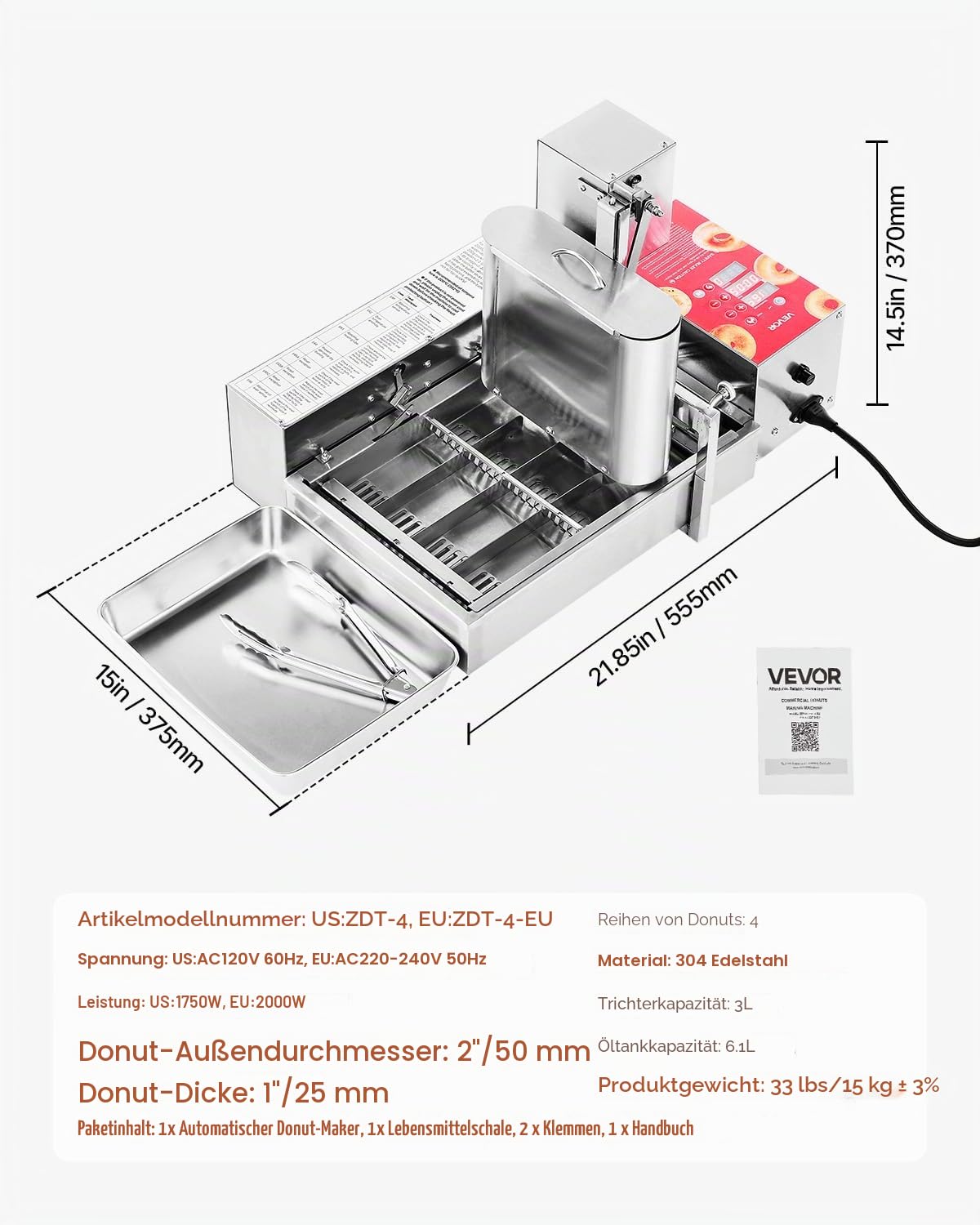 VEVOR kommerzielle automatische Donut Maschine Maker, 4-reihige Herstellungsausrüstung aus Edelstahl (240 Stk./h) elektrische Donut-Fritteuse mit intelligenter Steuerung für Bäckereien Restaurants