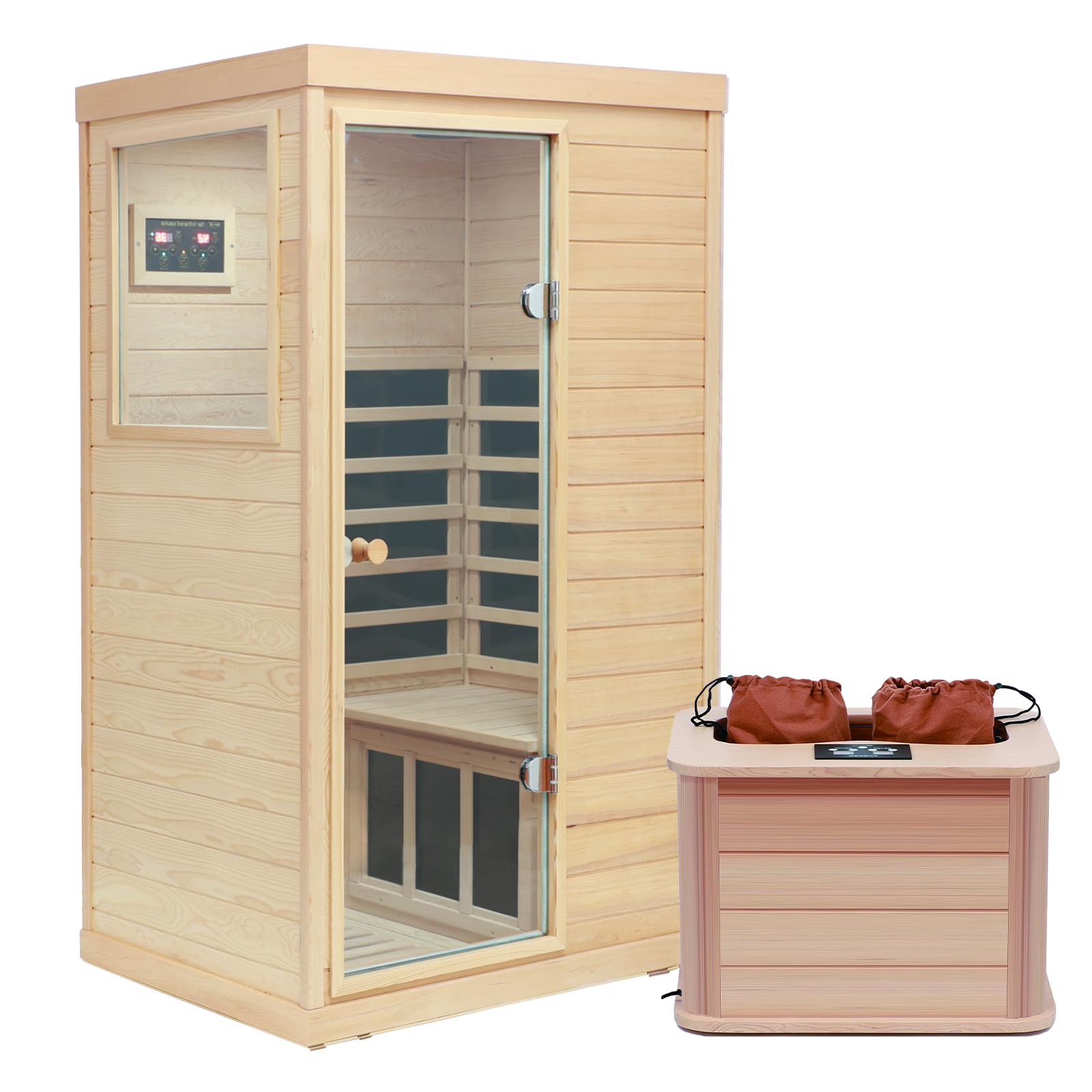 LTCCDSS Infrared Sauna, 1 Person Far Infrared Sauna for Home, with 1050W Indoor Sauna, Low EMF Heaters, 2 Bluetooth Speakers, 1 LED Reading Lamp Hemlock Wood Sauna Room Left Door