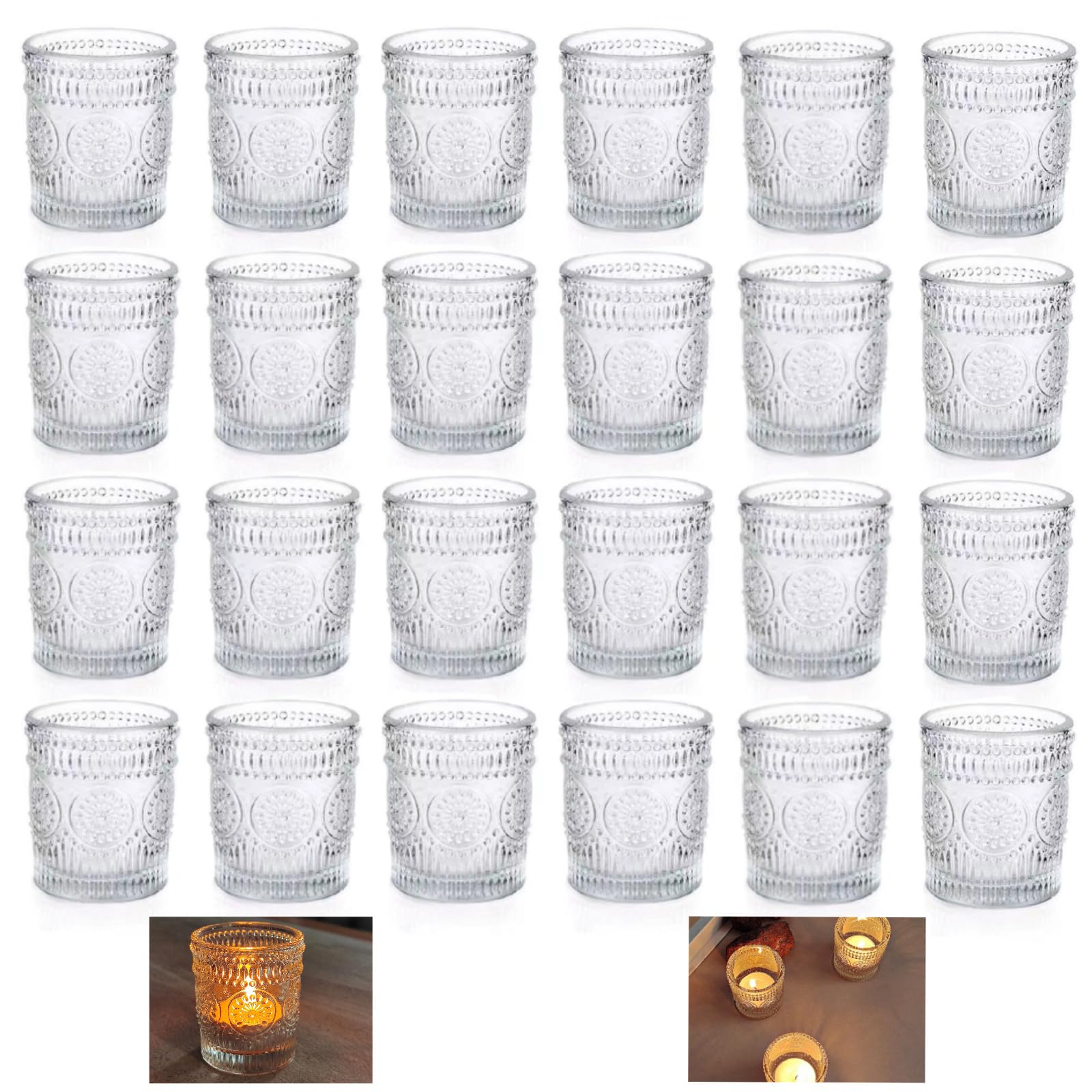 Set of 24 Clear Glass Votive Candle Holders, Tealight Candle Holders for Table Centerpieces, Relief Sunflower Shape, Wedding, Home