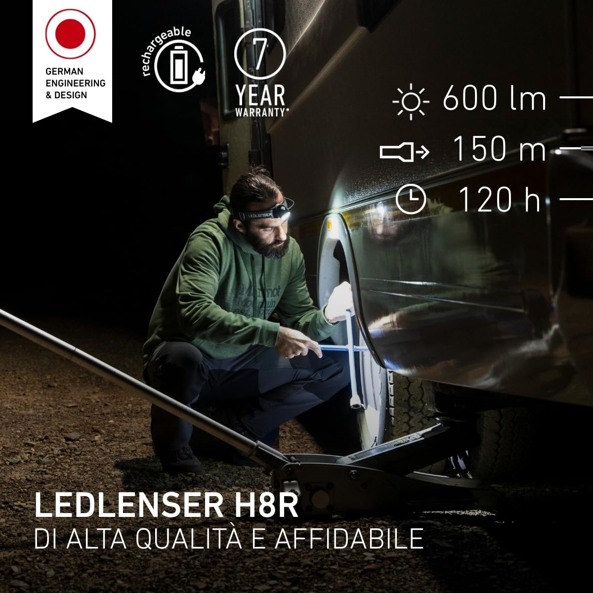 Ledlenser H8R Torcia Frontale LED, Ricaricabile con Batteria al Litio 18650, 600 Lumen, Messa a Fuoco Regolabile, autonomia Fino a 120 Ore, Luce Rossa Posteriore, orientabile, Cavo di Ricarica USB