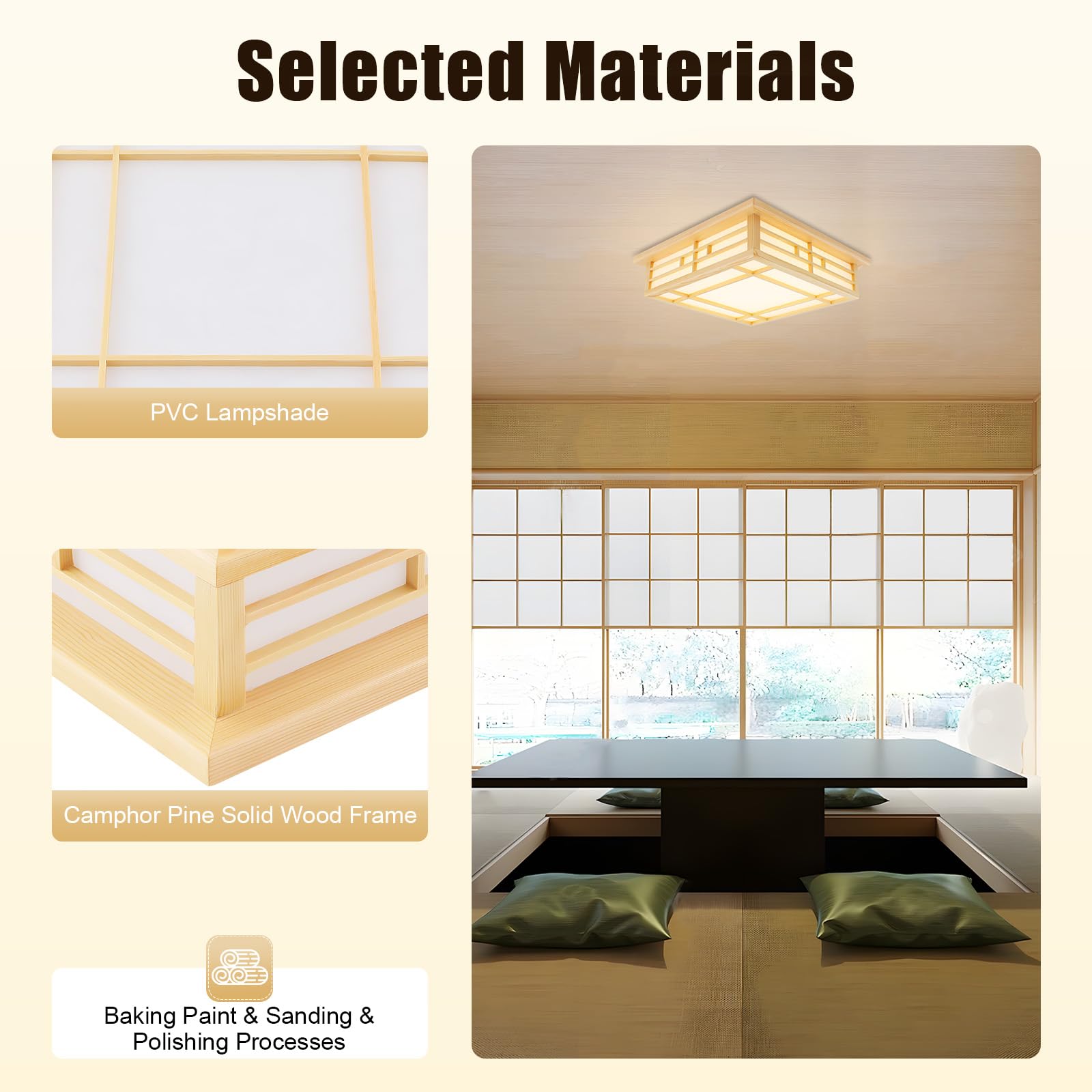 LED Lampen Deckenlampen Holz Quadratisch 3000K 24W Schlafzimmer Lampe Decke Japanische Deckenleuchte für Bad, Küche, Schlafzimmer, Wohnzimmer, Esszimmer (45 x 45cm)