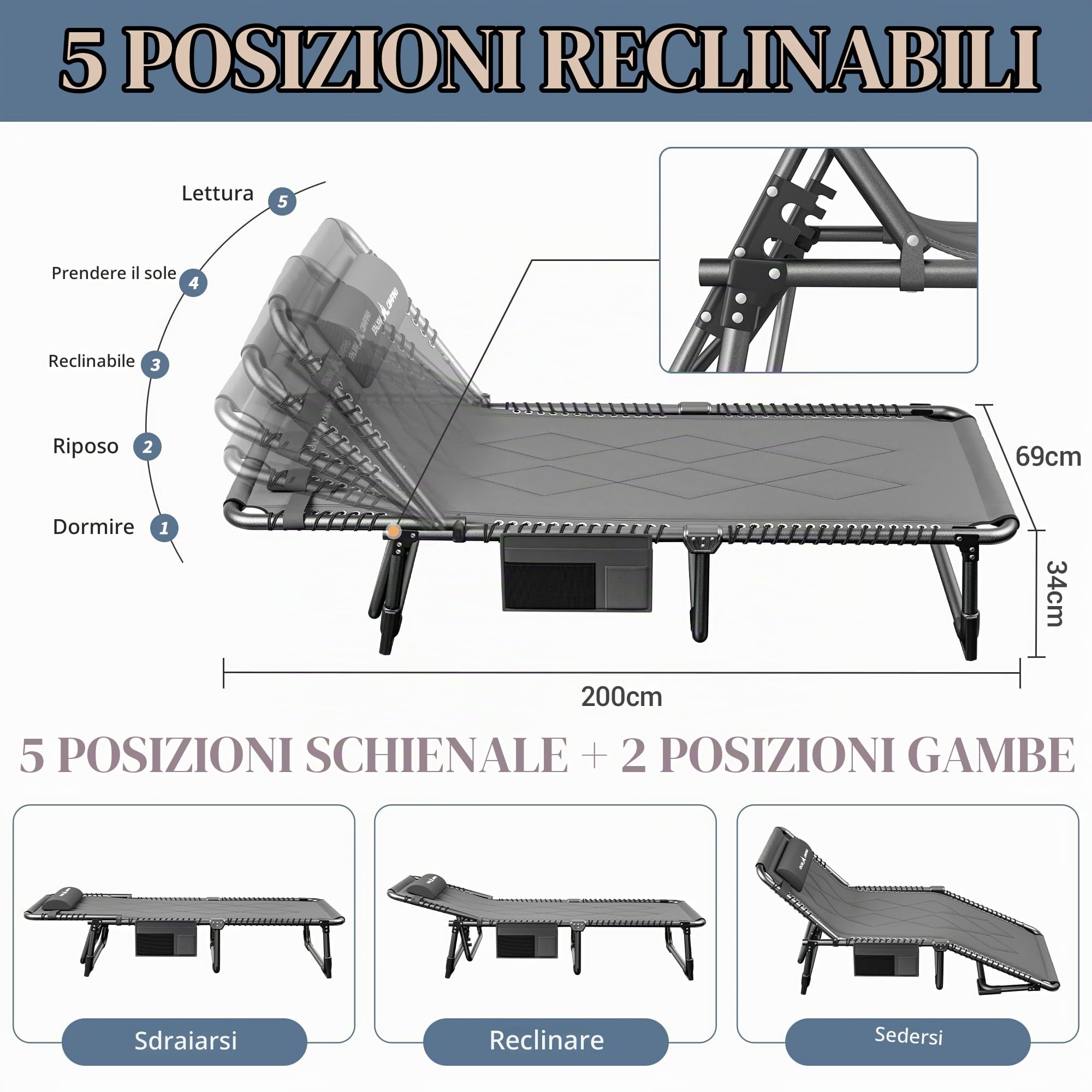 UDPATIO Lettino da campeggio pieghevole con cuscino imbottito, sdraio da giardino con schienale regolabile, sedia da spiaggia per campeggio all'aperto, grigio