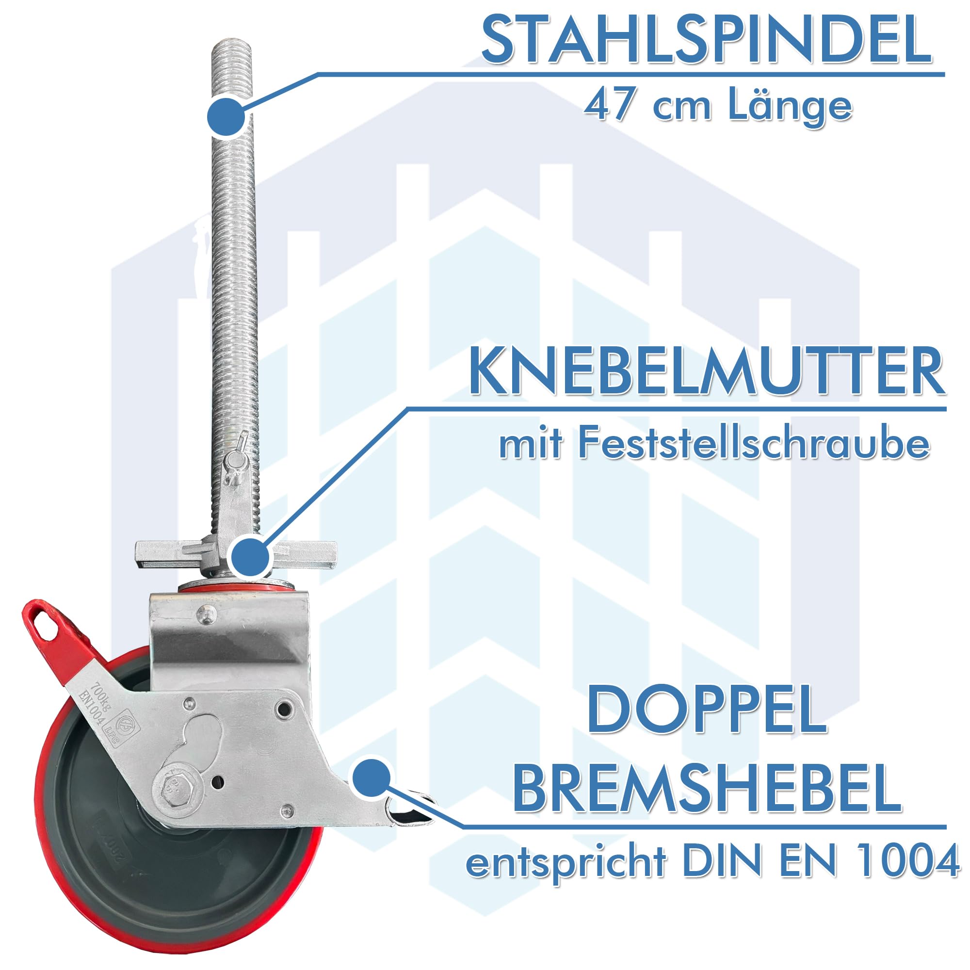 200 mm PU Gerüstrollen Set (4 Stück) LAYHER*-kompatibel mit Stahlspindel - Doppelt gebremst, lotrecht stehend