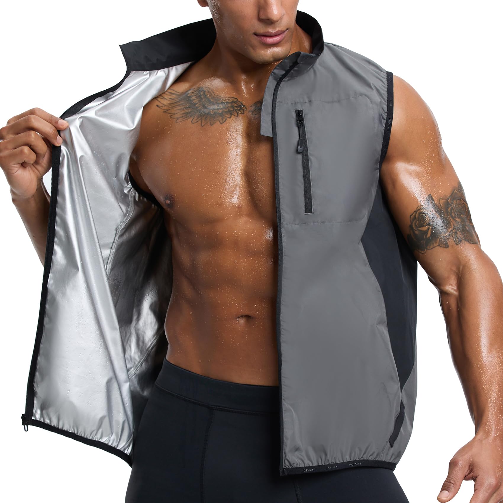 HOTSUIT Sauna Shirt for Men Portable Men's Sauna Vest Full Zipper Sweat Vest Heart Trapping Waist Tranier Workout Body Shaper Sauna Top Grey L