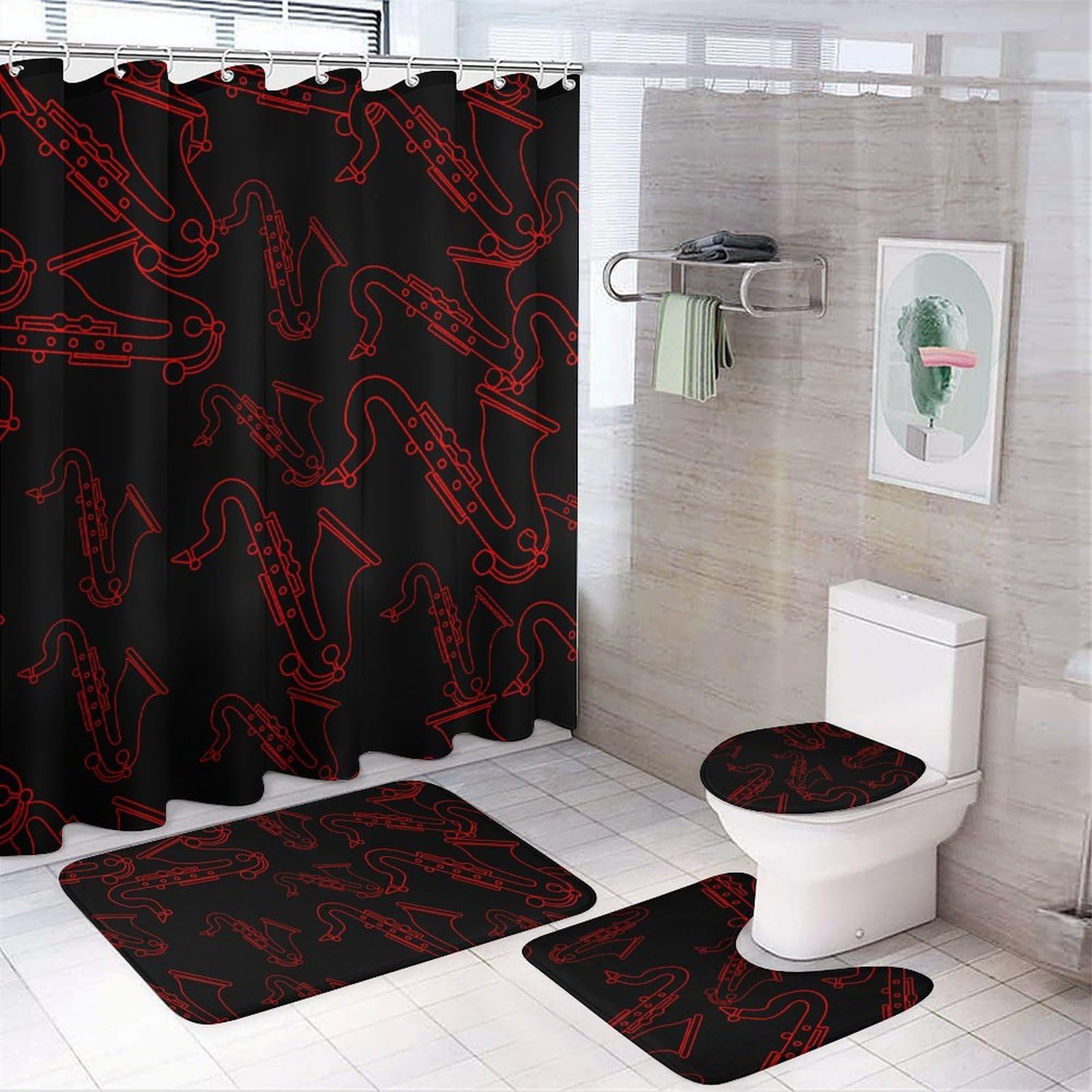 CGSBNGHA Saxophone Print Shower Curtain Set 4 Piece Bathroom Sets with Rugs Toilet Lid Cover And U-Shaped Floor Mat
