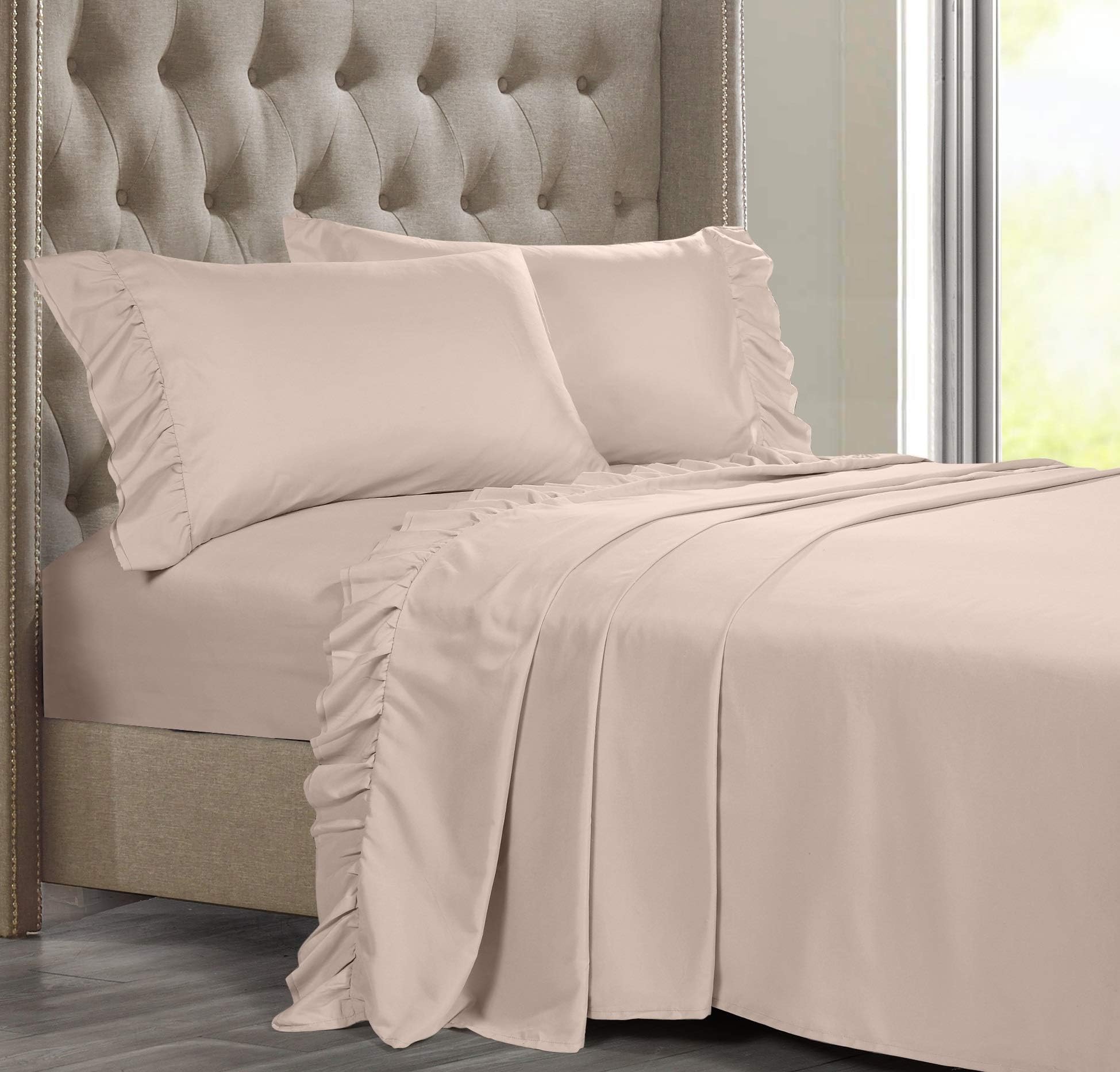 Posh Home Queen 4 Piece Hem Ultra Soft Sheet Set Wrinkle & Fade Resistant, Blush-Double Ruffle