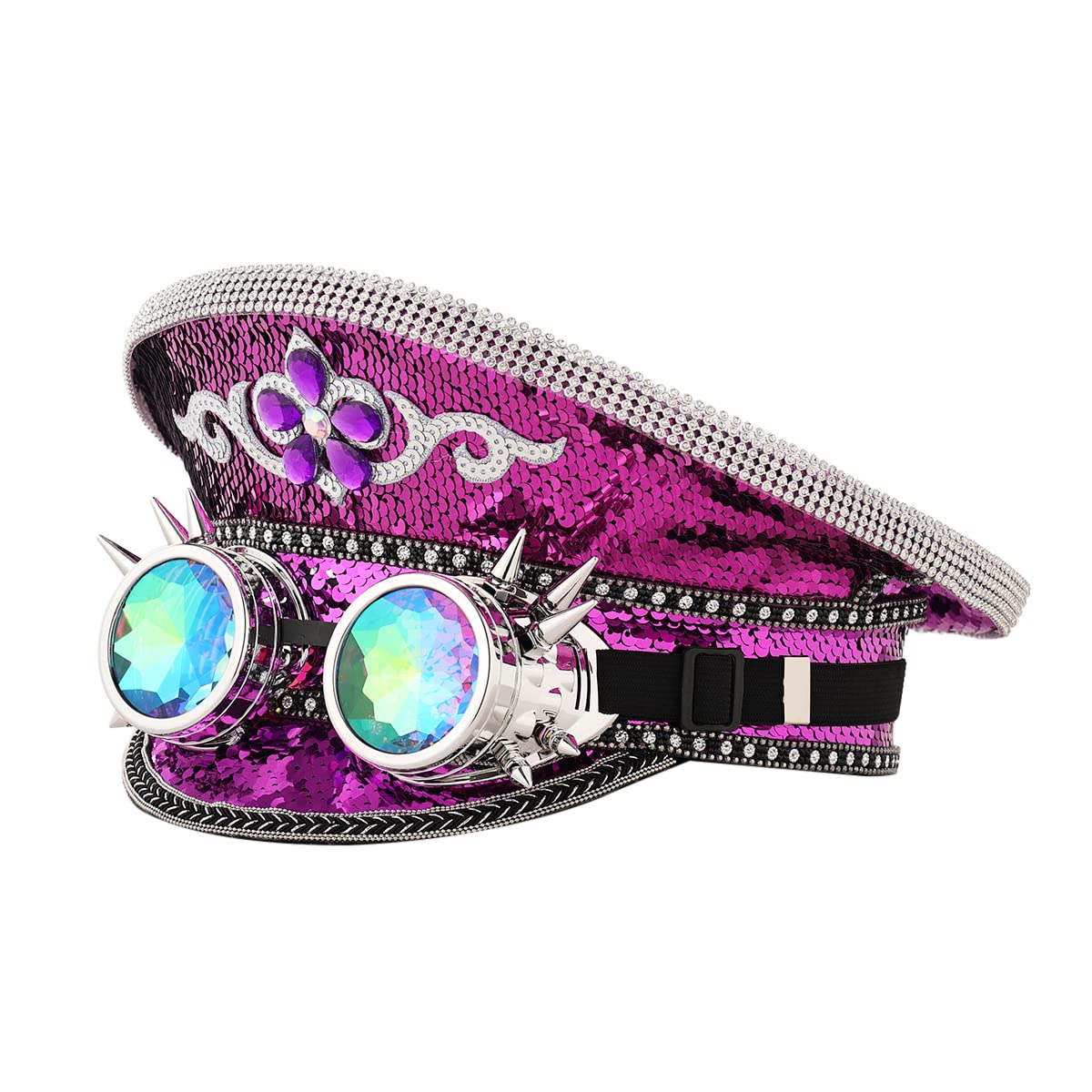 GRACEART Music Festival Burning Man Hat Sequin Military Captain Top Hat Adults Steampunk Headwear Cap with Goggles (Style10)