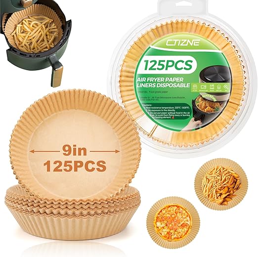 Ctizne Disposable Air Fryer Paper Liners, 125Pcs 9 Inches Large Round Air Fryer Basket Liners, Non-Stick Food Grade Parchment Paper for 8Qt - 12Qt Airfryer Steamer Microwave Oven