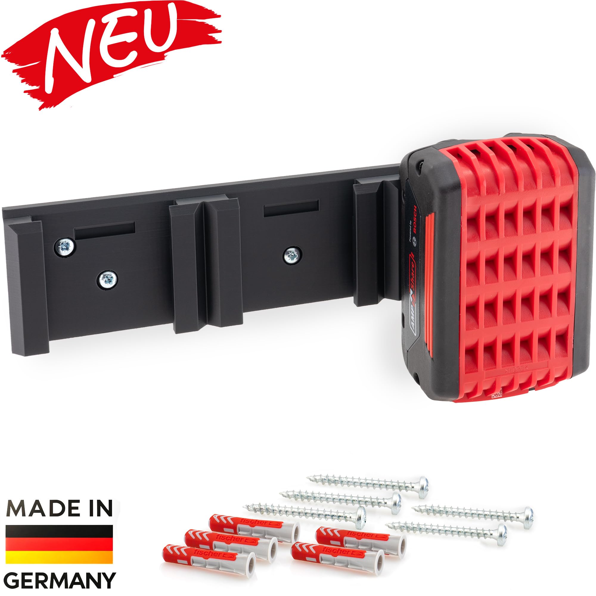 Supporto da parete per batterie Bosch Professional da 18 V e PowerCore, robusto supporto salvaspazio, per 3 batterie, 5 viti e 5 tasselli, facile da montare con funzione di bloccaggio [Made in Germay]