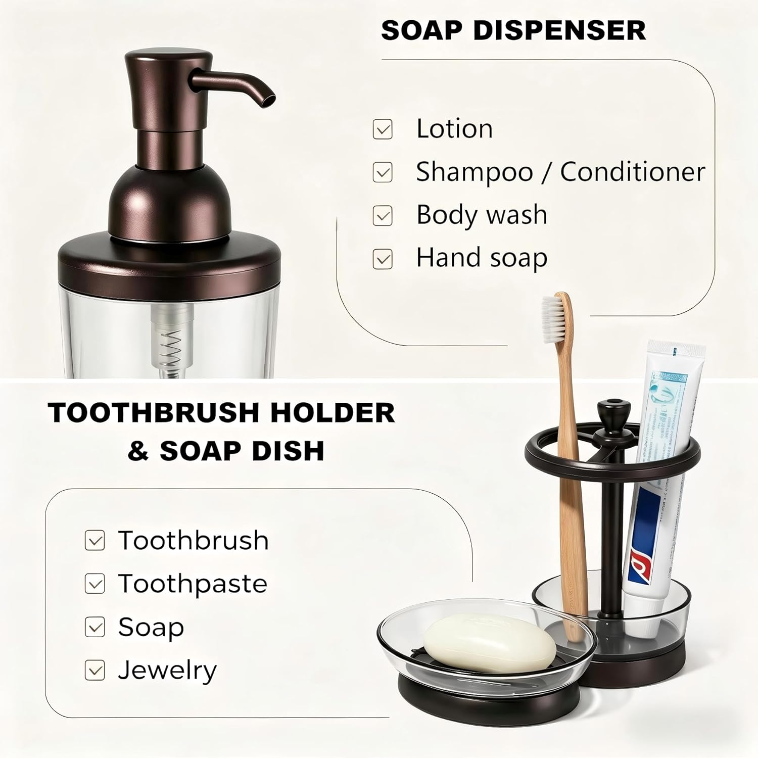 4 Piece Bathroom Accessories Set, Coffee Brown Plastic Bathroom Accessory Set with Toothbrush Holder, Soap Dispenser, Mouthwash Cup & Soap Dish, Modern Vintage Bronze
