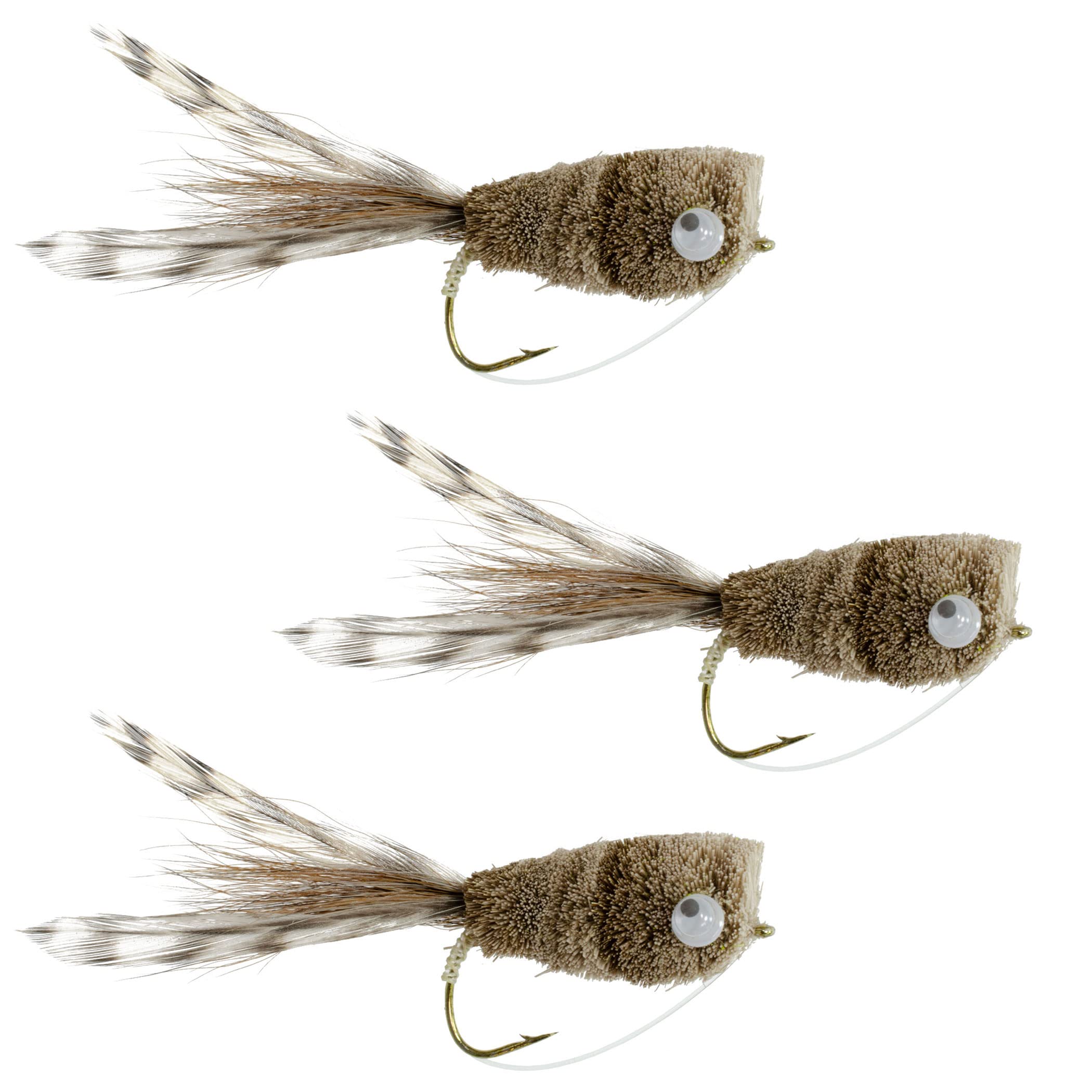 The Fly Fishing Place Natural and Grizzly Deer Hair Bass Bugs - Fly Fishing Popper Flies - Set of 3 Flies Hook Size 6