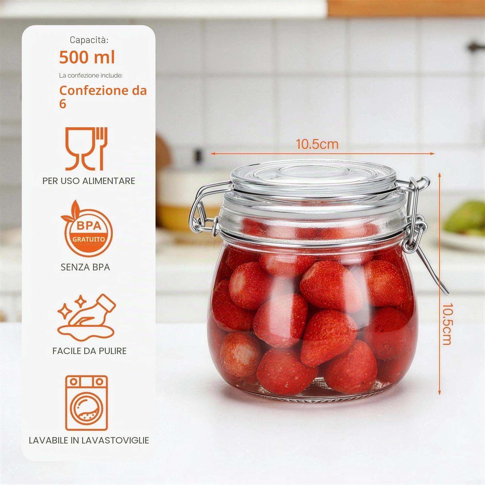 Barattoli VetroVasetti Vetro Ermetici con Clip 6 Pezzi 500ml | Vasetti con chiusura a clip · anello in gomma · ermetici · per marmellata, cereali, caffè e spezie