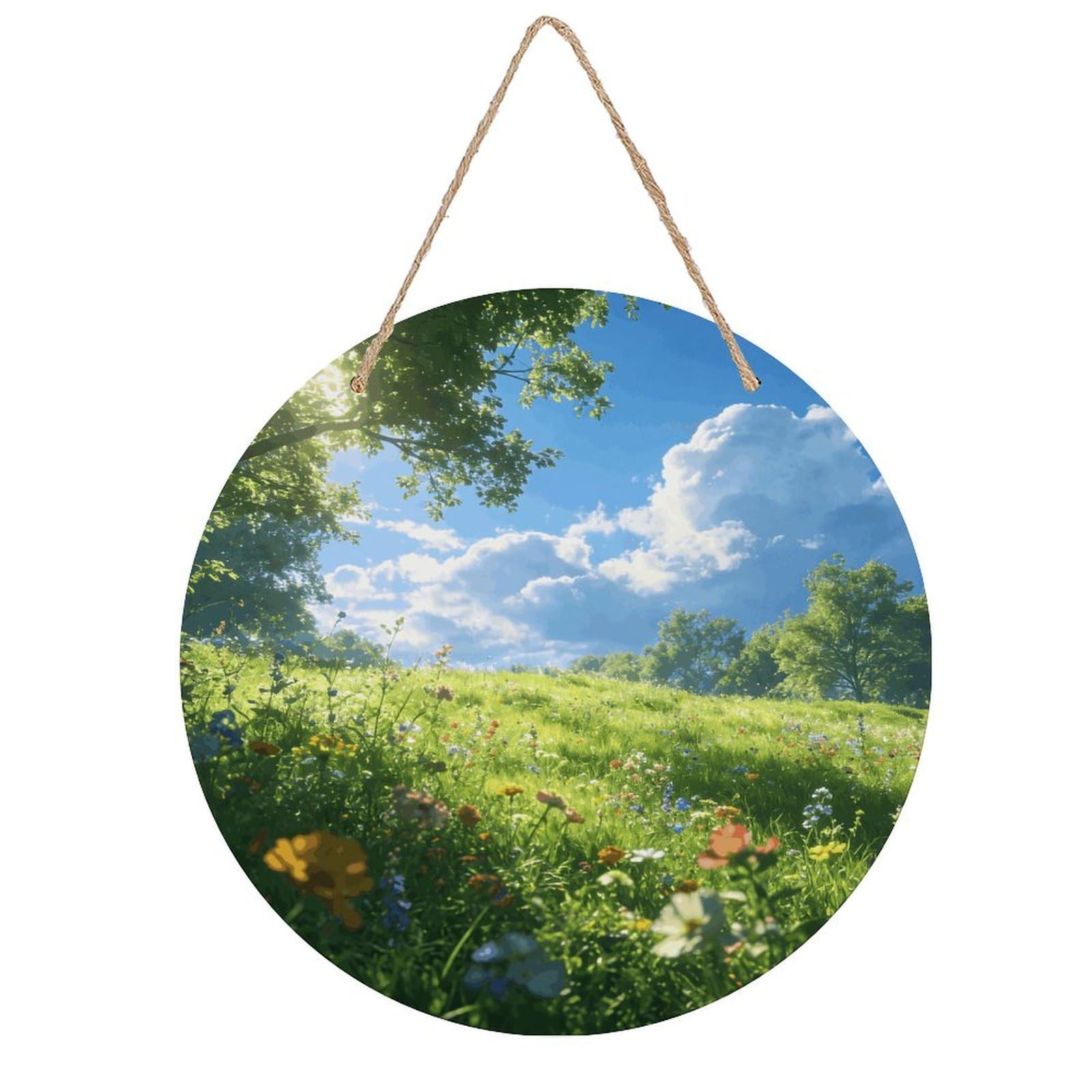 LZQPOEAS Meadow Round Wood Wall Art Painting, 7.9 Inch Circular Wooden Door Hanger Decorative Paintings, Rope-Hanging Wooden Wall Plaque for Home Decor And Office Party