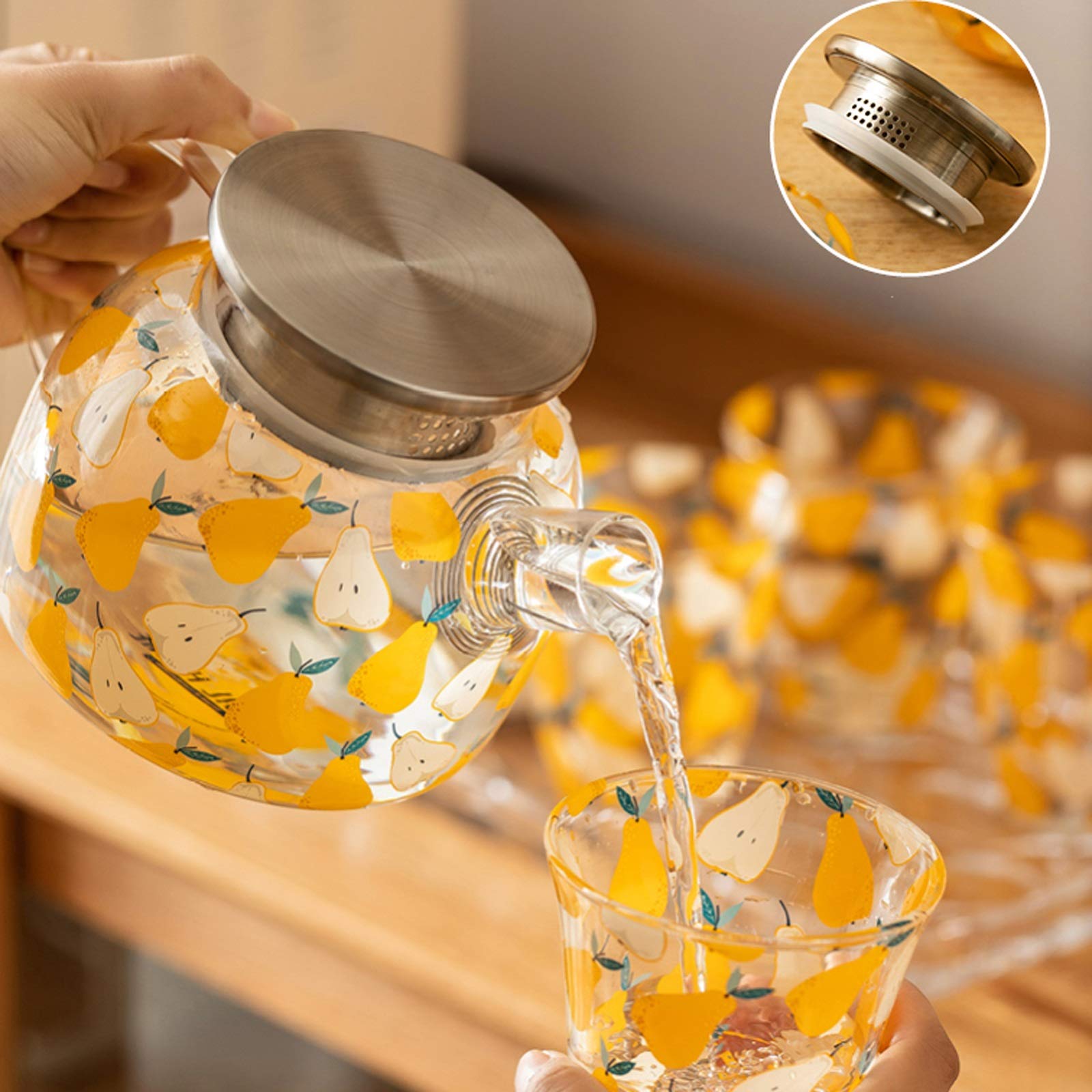 Pichet Théière en Verre Mignonne avec poignée avec mélange de Couvercle Boissons pichet d'eau for Chaude/Froide Limonade Juce Boisson JAR Bouillée à thé glacée (33 oz) Pichets