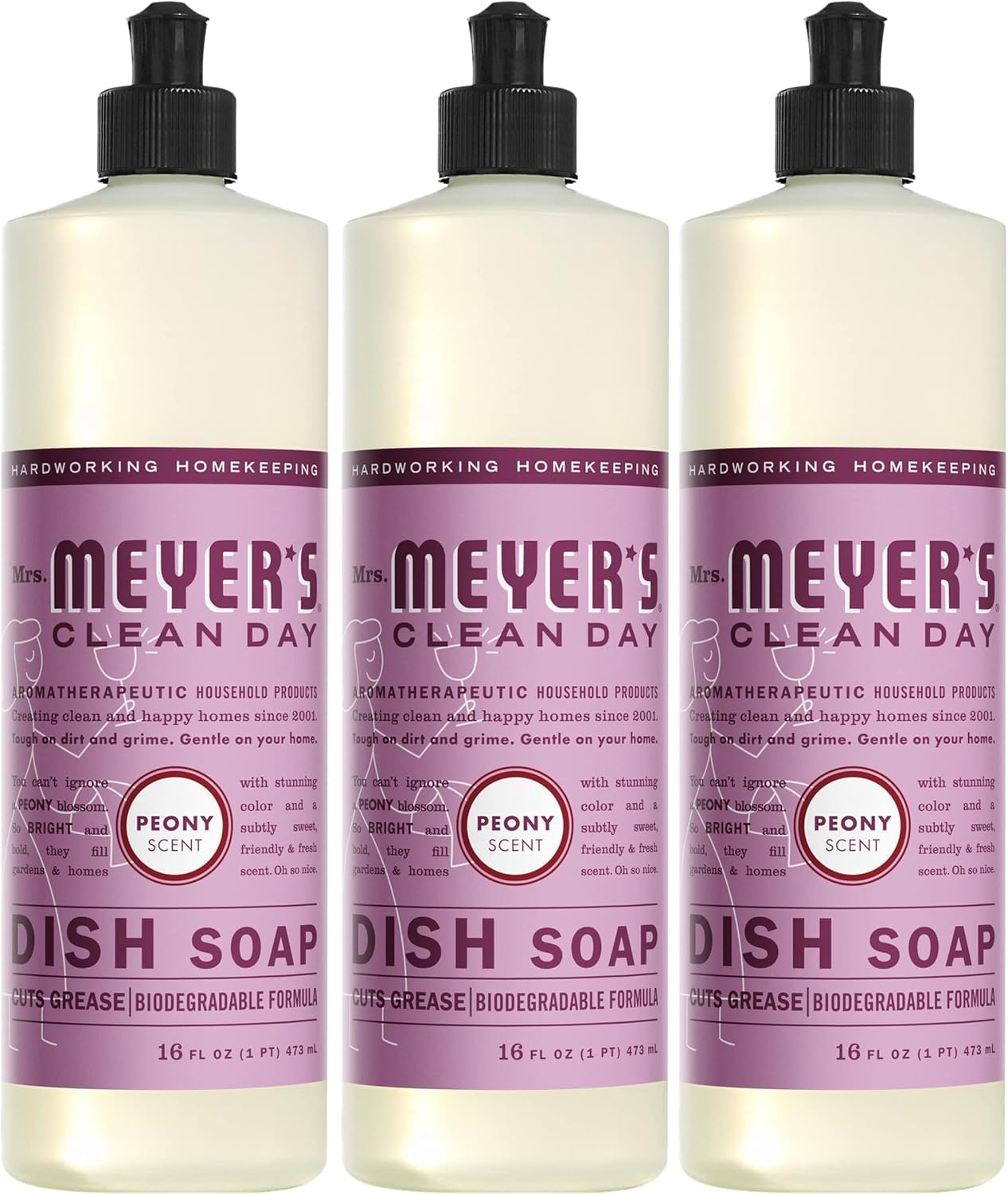 Mrs. MEYER'SCLEAN DAY Liquid Dish Soap, Biodegradable Formula, Peony, 16 Fl. Oz - Pack of 3