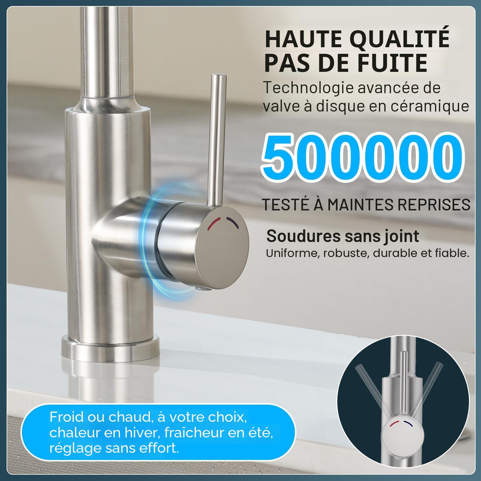 Robinet Cuisine Rabattable Mitigeur Robinet Evier de Cuisine avec 4 Douchette Modes, 360° d'Évier à Arc Élevé Acier Inoxydable Robinet Cuisine (Nickel-c, Spout Height 22.7CM)