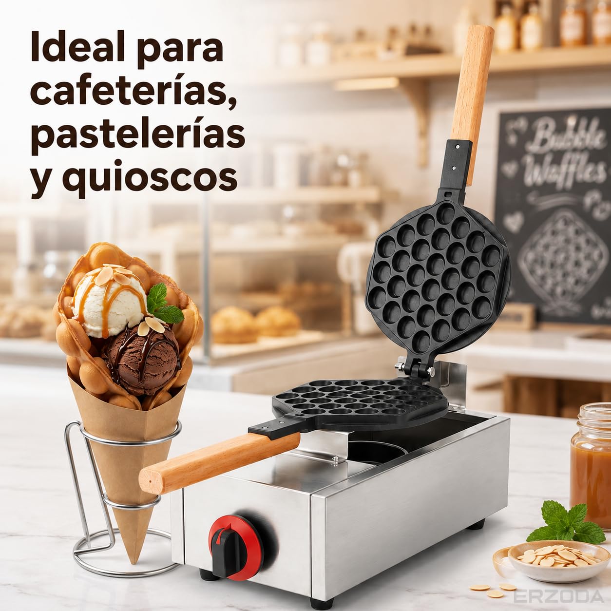 ERZODA Gofrera Bubble Waffle a Gas, Máquina Profesional de Gofres de Hong Kong con Molde Antiadherente para Cafeterías y Food Trucks