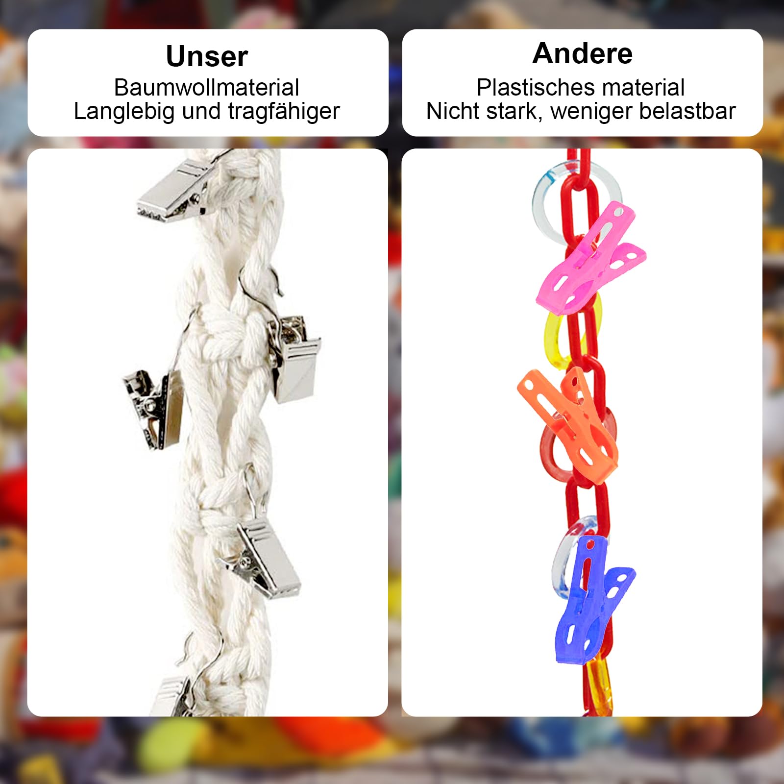 Rete Appendi Peluche 2 Metri Con 30 Mollette – Organizer Da Parete In Cotone Per Bambole, Calzini E Cappelli - 3