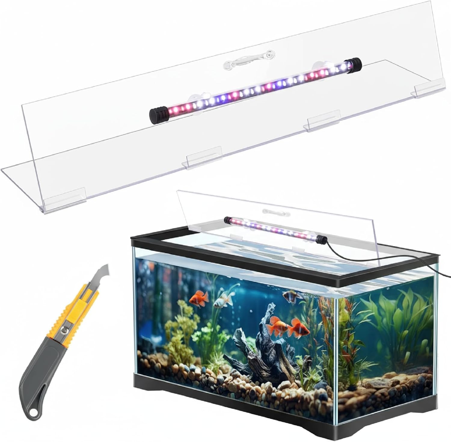 Sieral Aquarium Lids Polycarbonate Canopy with LED Light 19.37 x 9.37 x 0.12 Inch for 10/20 Gallon Without Center Brace Aquariums Cover Fish Tank Lid with a Hook Knife(Clear) Clear 20x10in
