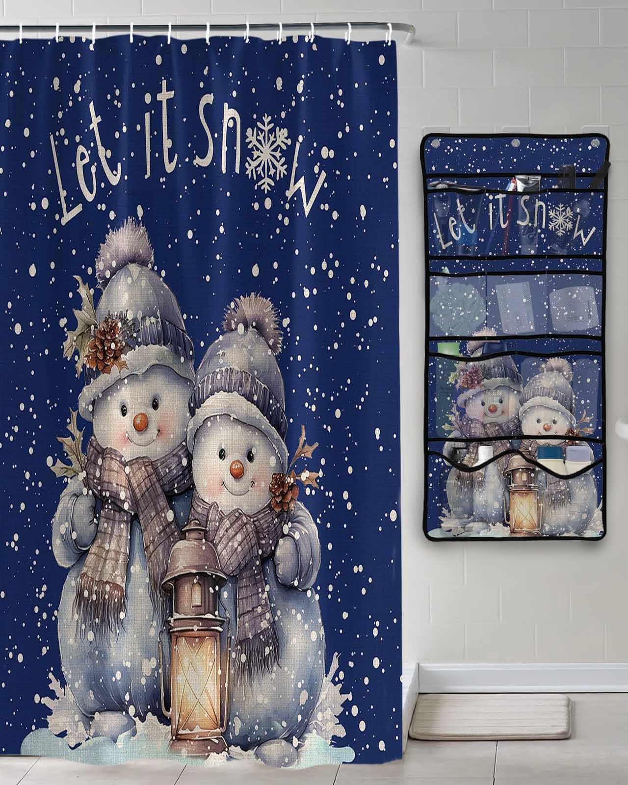 Shower Curtain Mesh Shower Organizer Hanging Set Christmas Snowman Oil Lamp Winter Snowflake Waterproof Shower Curtains with 10