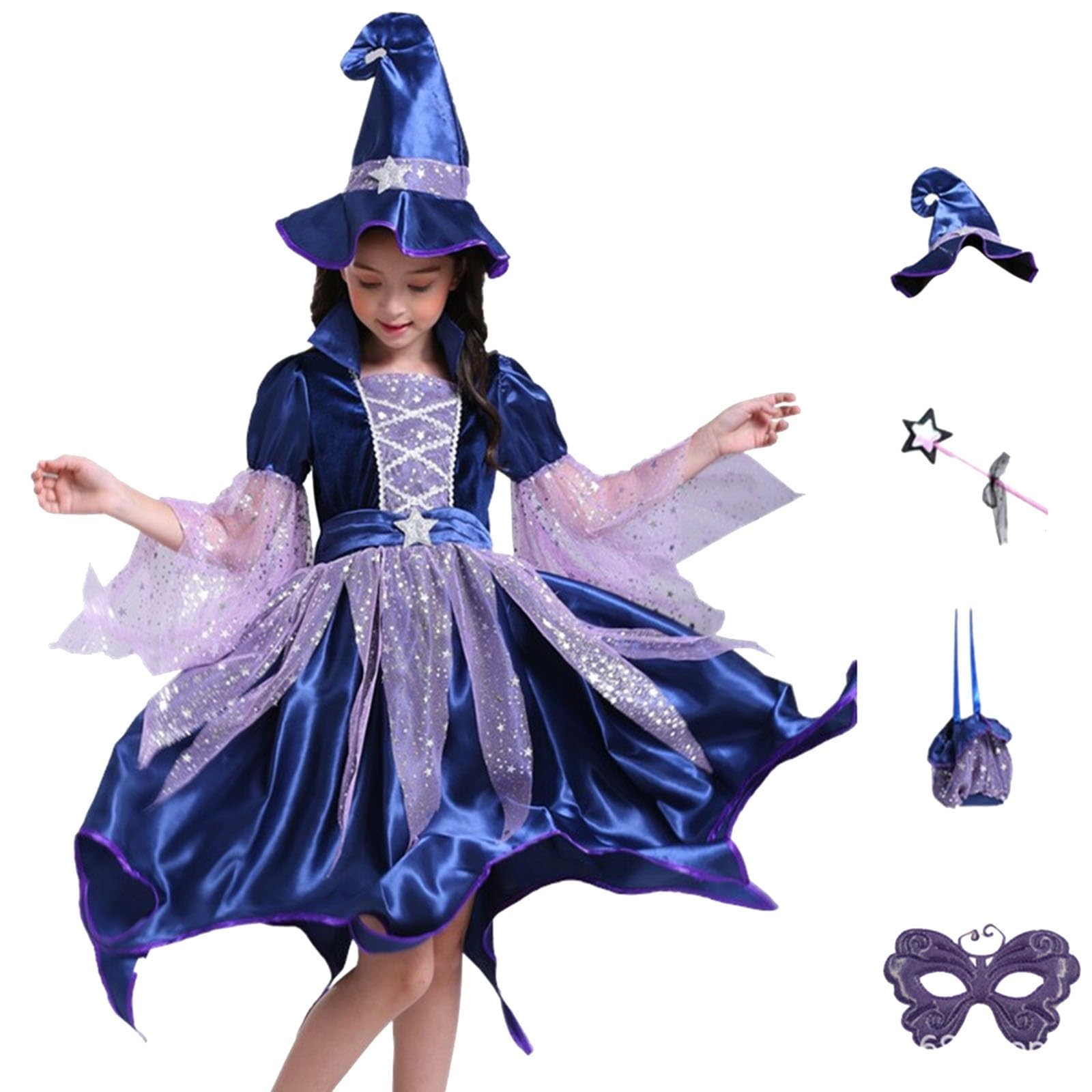 Costume Strega Bambina Completo 4 Pezzi: Vestito a Maniche Lunghe Tulle | Stelle Glitter, Cappello Strega, Bacchetta Magica e Borsetta Tracolla, Abito Cosplay Halloween, Spettacoli Teatrali