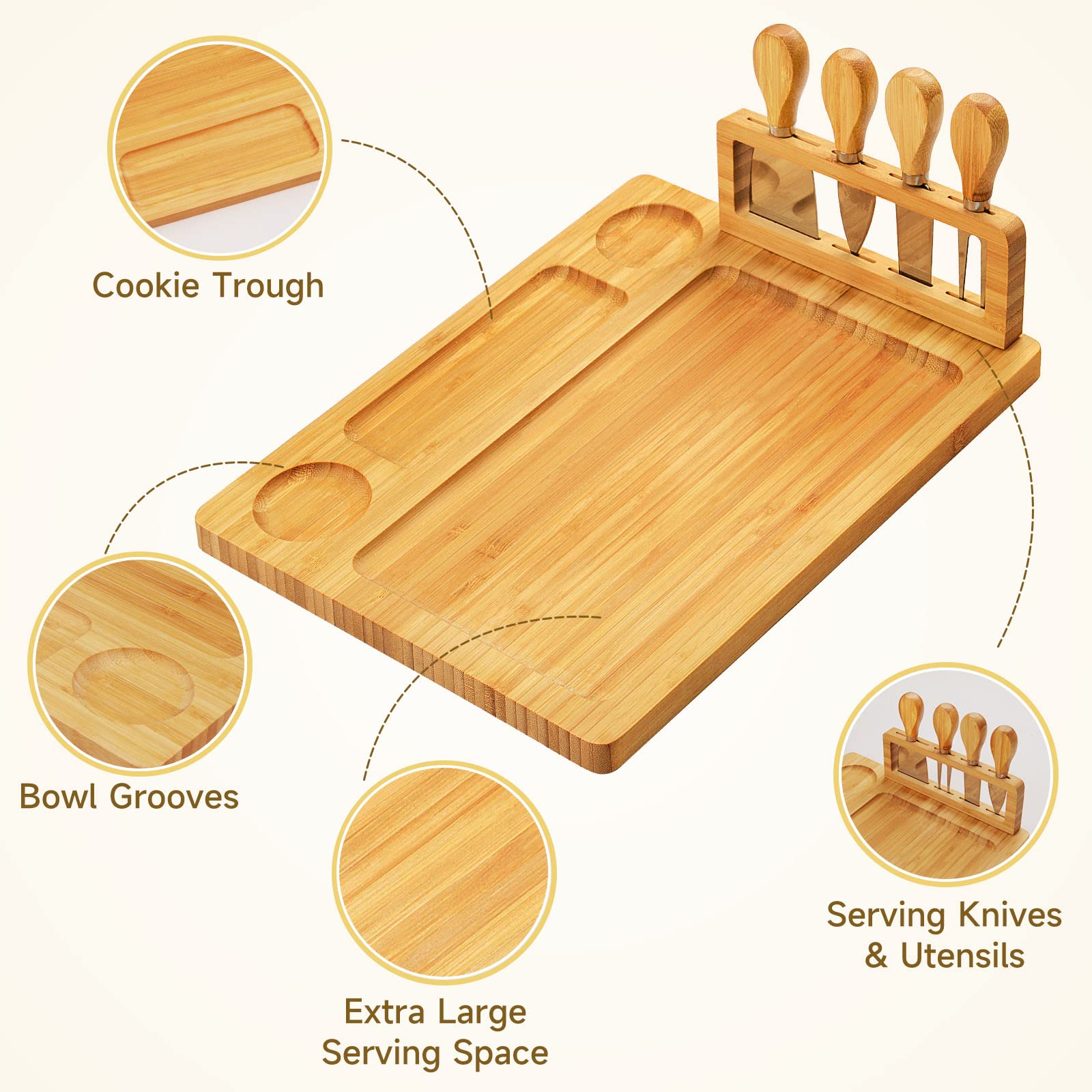 Juego de regalo de tablas de charcutería de bambú, tabla de queso para servir carne, juego de tabla de charcutería con 4 cuchillos de queso de acero inoxidable, ideal para regalos de inauguración de