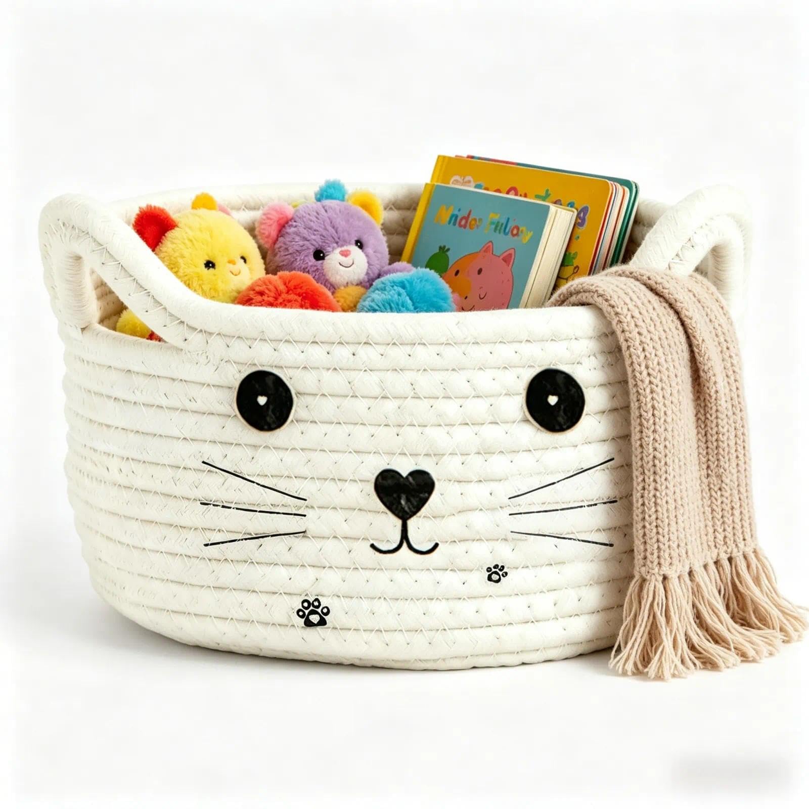 Cesta de cuerda de algodón con forma de gato, organizador para habitación infantil, juguetes para bebés, toallas y cosméticos, cesta de almacenamiento trenzada blanca para el hogar