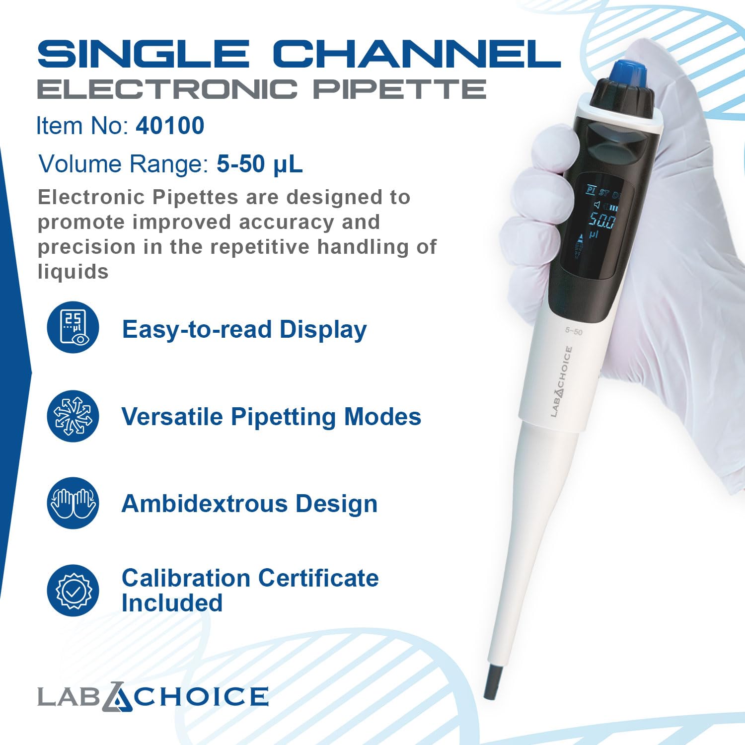 LabChoice - Pipetta elettronica a canale singolo, micropipetta multifunzione da laboratorio con volume regolabile da 5 a 50 μl, display digitale