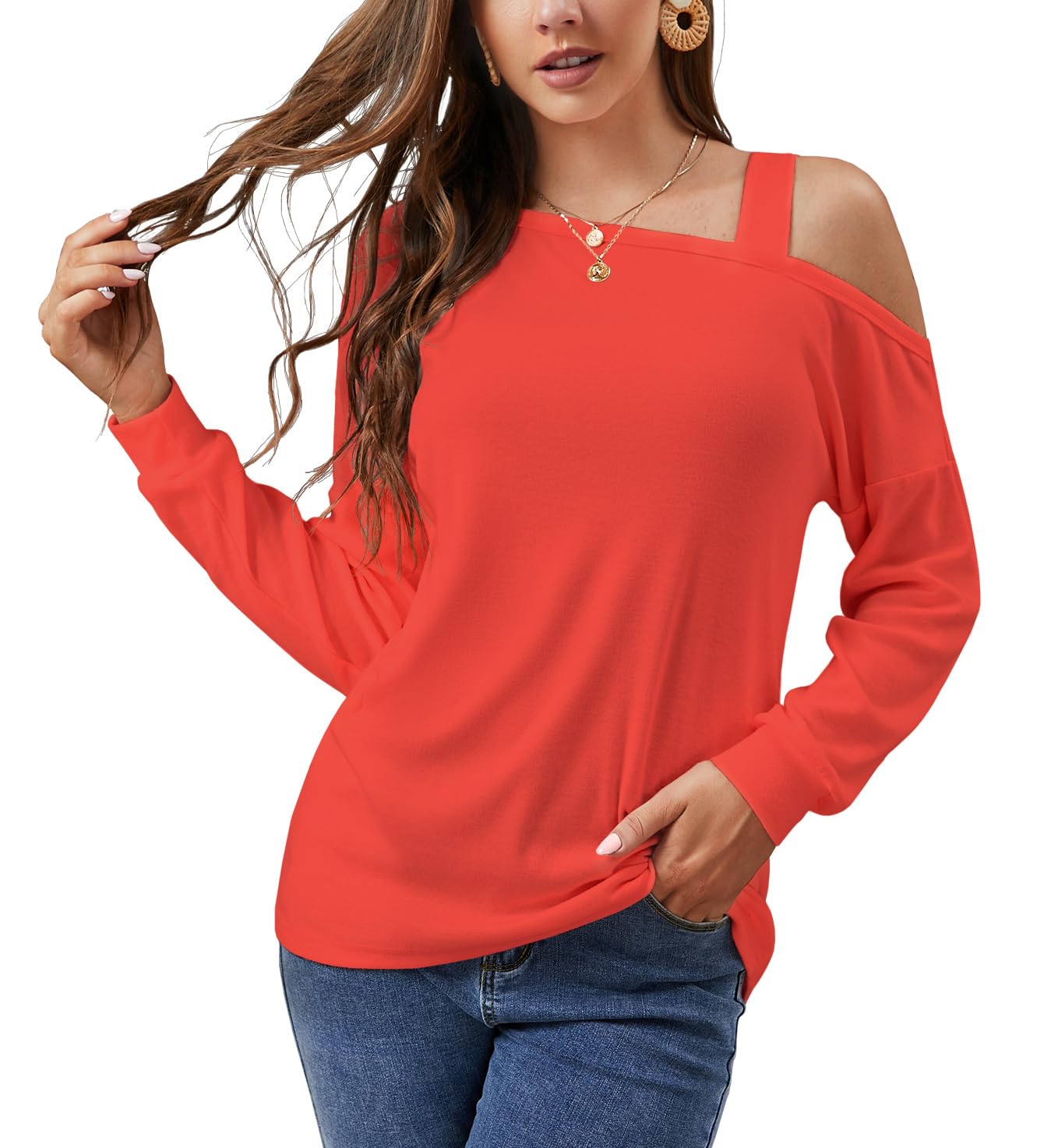 JiNKesIWomen's Long Sleeve Tunic Tops Casual Cold Shoulder Blouse Shirts, B15 Orange, Medium, B15 Orange, M