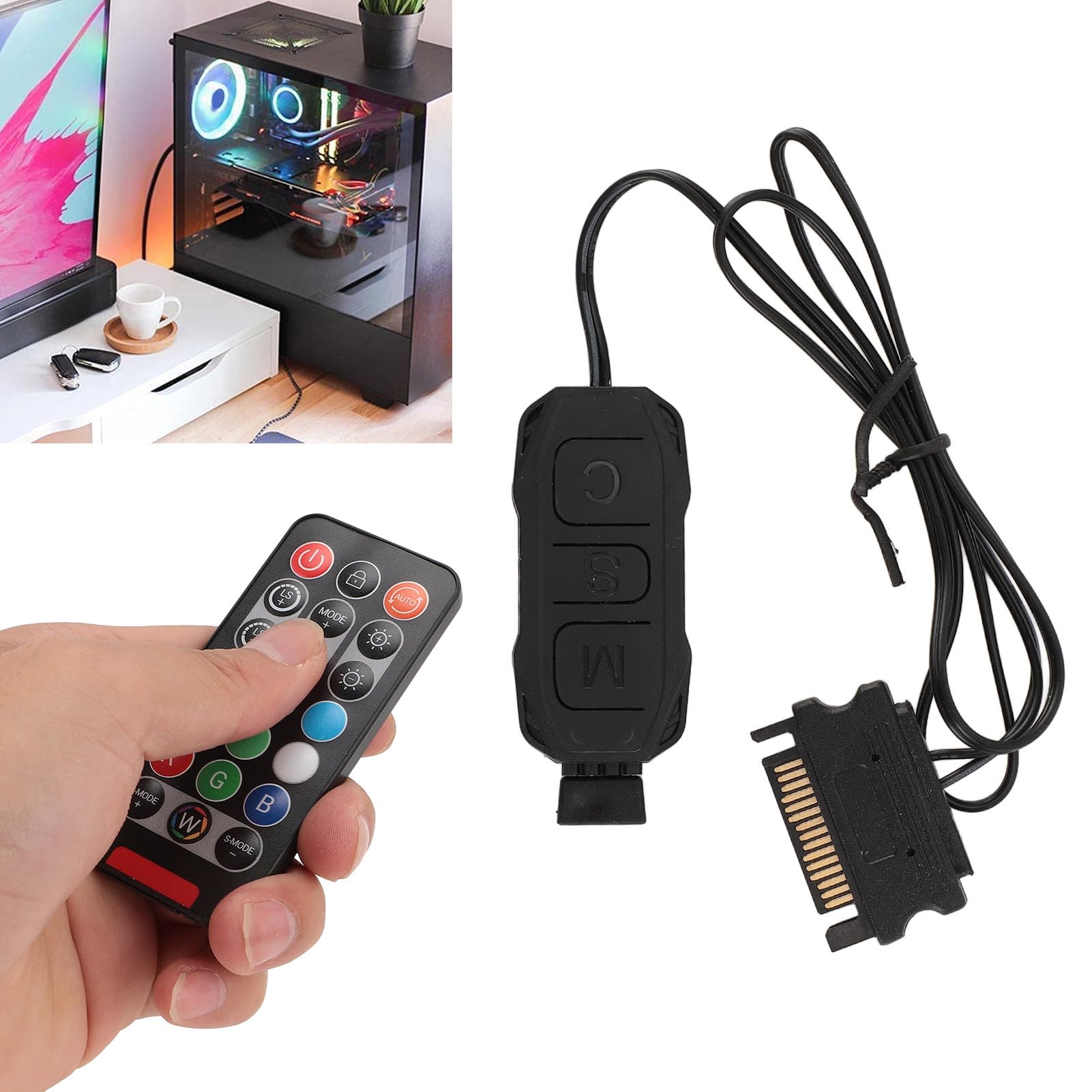 Kontroler Wentylatora Serial ATA Power RGB, Zestaw Kontrolera Wentylatora ARGB PC, 21 Klawiszy do 3-pinowej Taśmy LED LED 5 V, Pilot, Drut Miedziany, Chowana Konstrukcja,