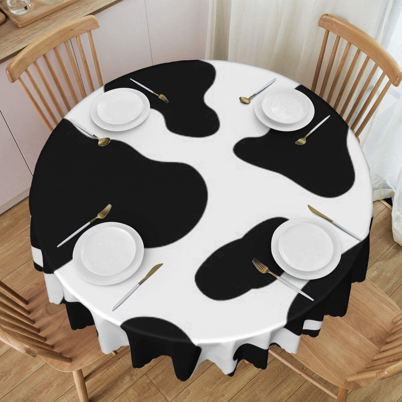 DCEHGEW 60 In Round Tablecloth with Lace, Cow spot Printed Oilproof & Washable Fabric Picnic Table Cloth Table Covers