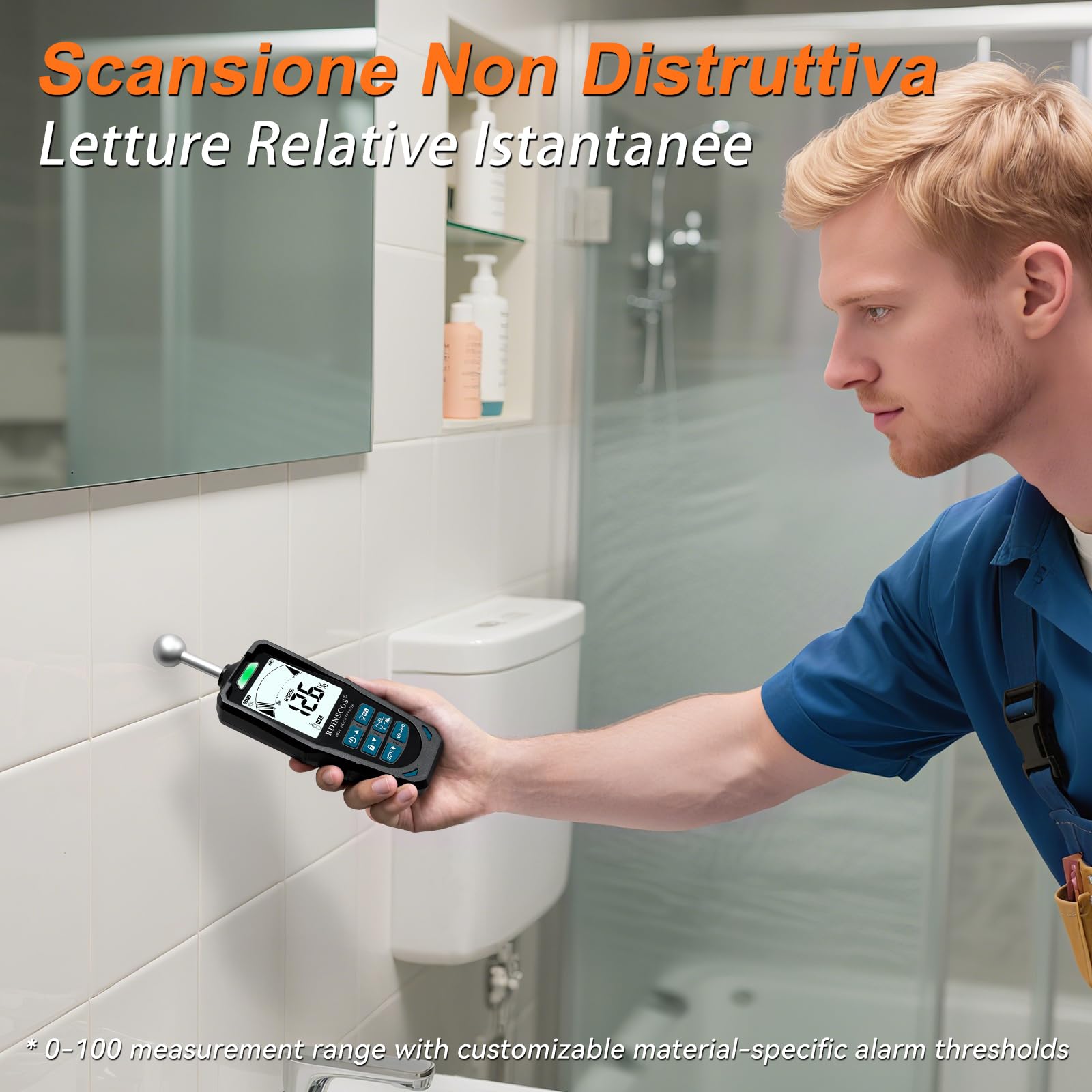 RDINSCOS Tester di umidità 2 in 1 con sonde sferiche e aghi – Umidità metro per legno, muri, calcestruzzo e gesso, schermo LCD, rilevamento 20-40 mm, allarme sonoro