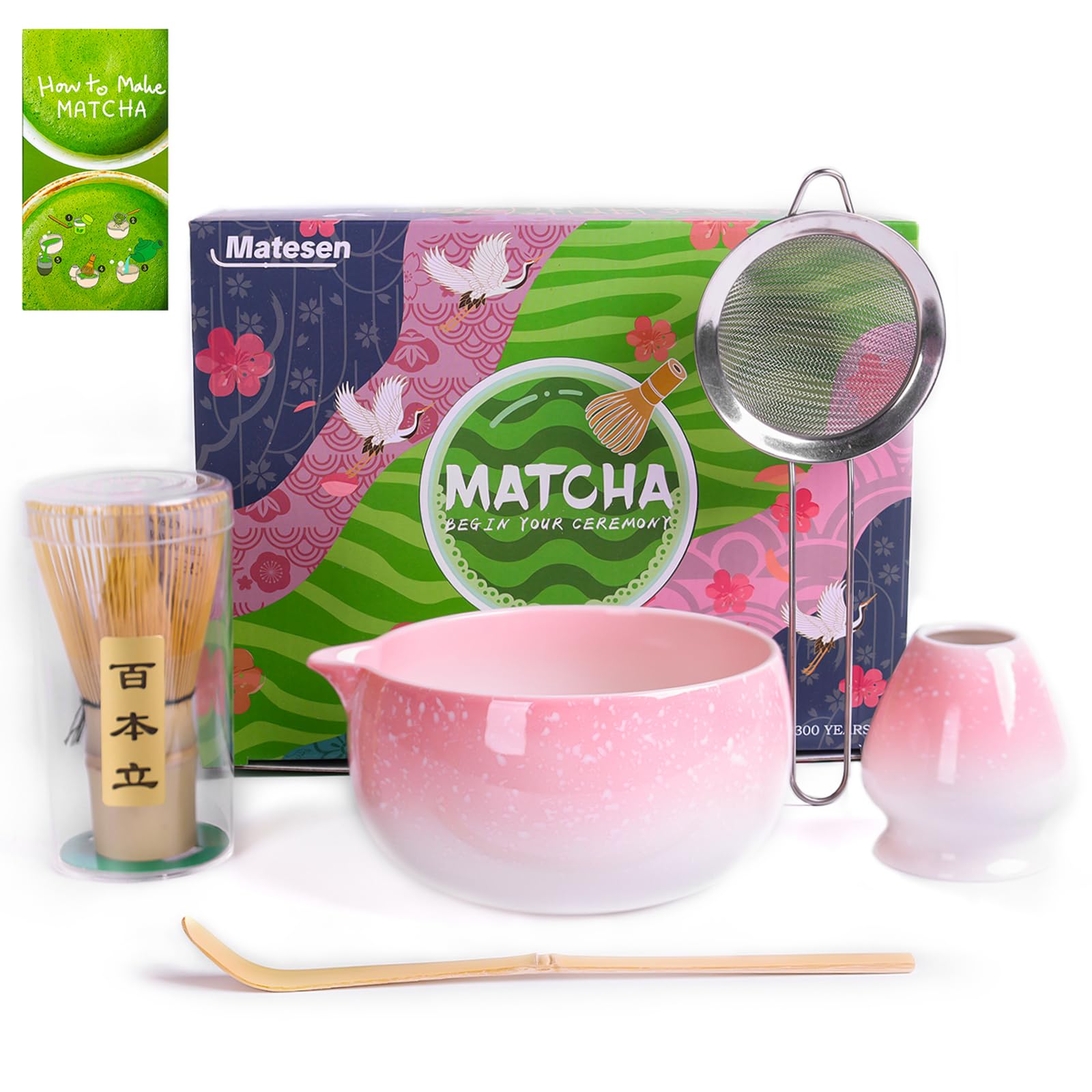 Rosa Matcha Kit con Frusta, 5 Pezzi Macha Tea Kit, Completo Matcha Whisk Set con pink matcha ciotola con beccuccio, frustino bambù(chasen), supporto, setaccio, cucchiaio, Giapponese Matcha Polvere Kit
