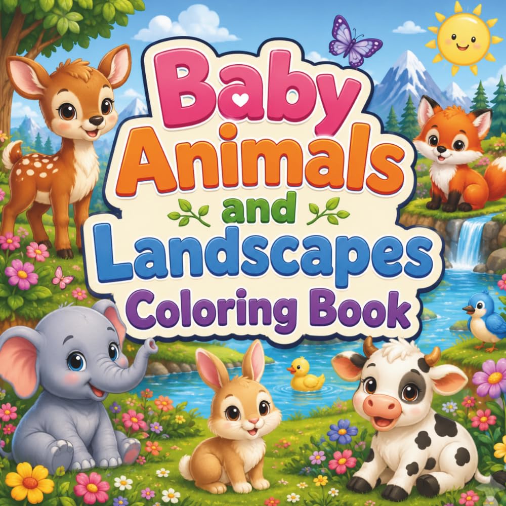 Baby Animals and Landscapes Coloring Book: Cute Creatures in Peaceful Nature Scenes