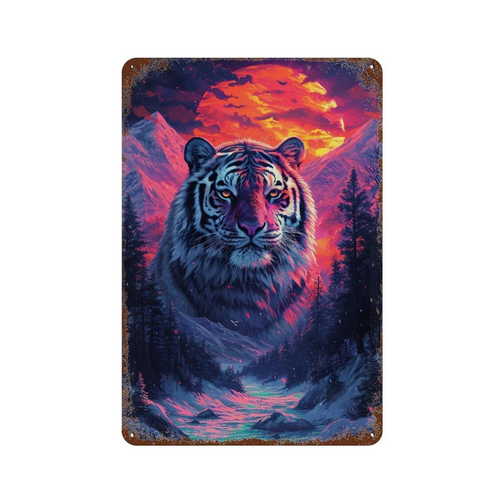 Retro Metal Sign Tiger Mountain Sunset Landscape 11.8"x7.9", Decorative Metal Wall Art for Pub, Kitchen And Man Cave Decor
