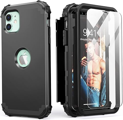 IDweel Funda para iPhone 11 con protector de pantalla (vidrio templado), híbrida 3 en 1, a prueba de golpes, ajuste delgado, protección de alta