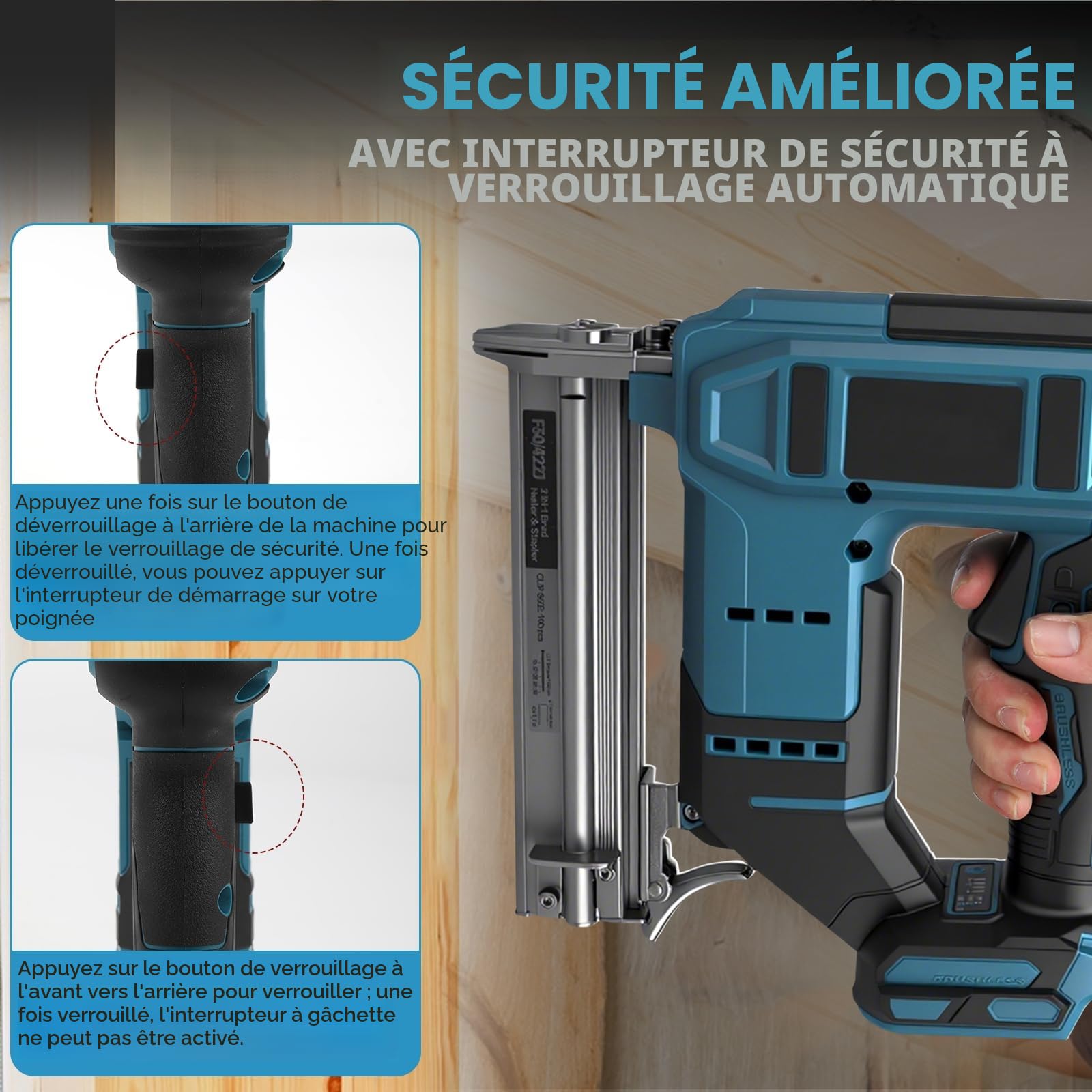 Cloueuse sans fil, pistolet à ongles sans fil, compatible avec batterie 18 V, pistolet électrique 2 en 1 avec 1000 clous droits et 1000 clous en forme de U, pour tapisserie d'ameublement