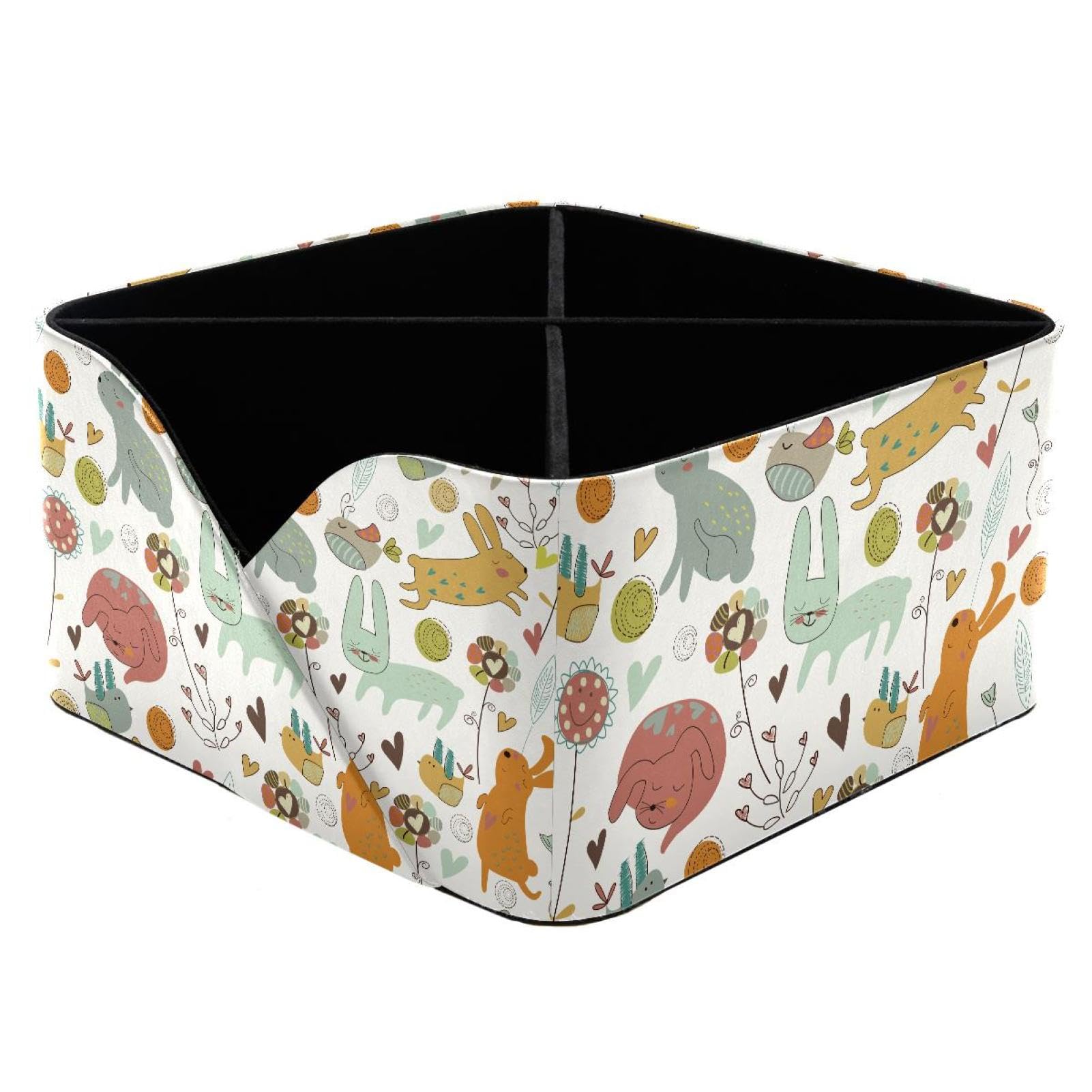 KengjuTesu Cat Bunnies Birds Flowers Rabbit in Forest Pattern Desktop Organizer Pen Holder, Rectangular Pencil Cup for Office, Study and Makeup Stations