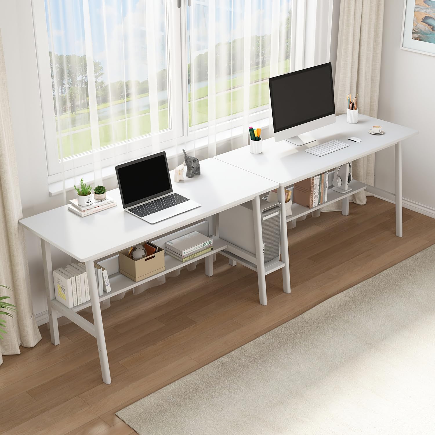 NELYE 2-Person Writing Desk with Bookshelf - 110 Wooden Extra Long Home Office Work Table Double Study Computer