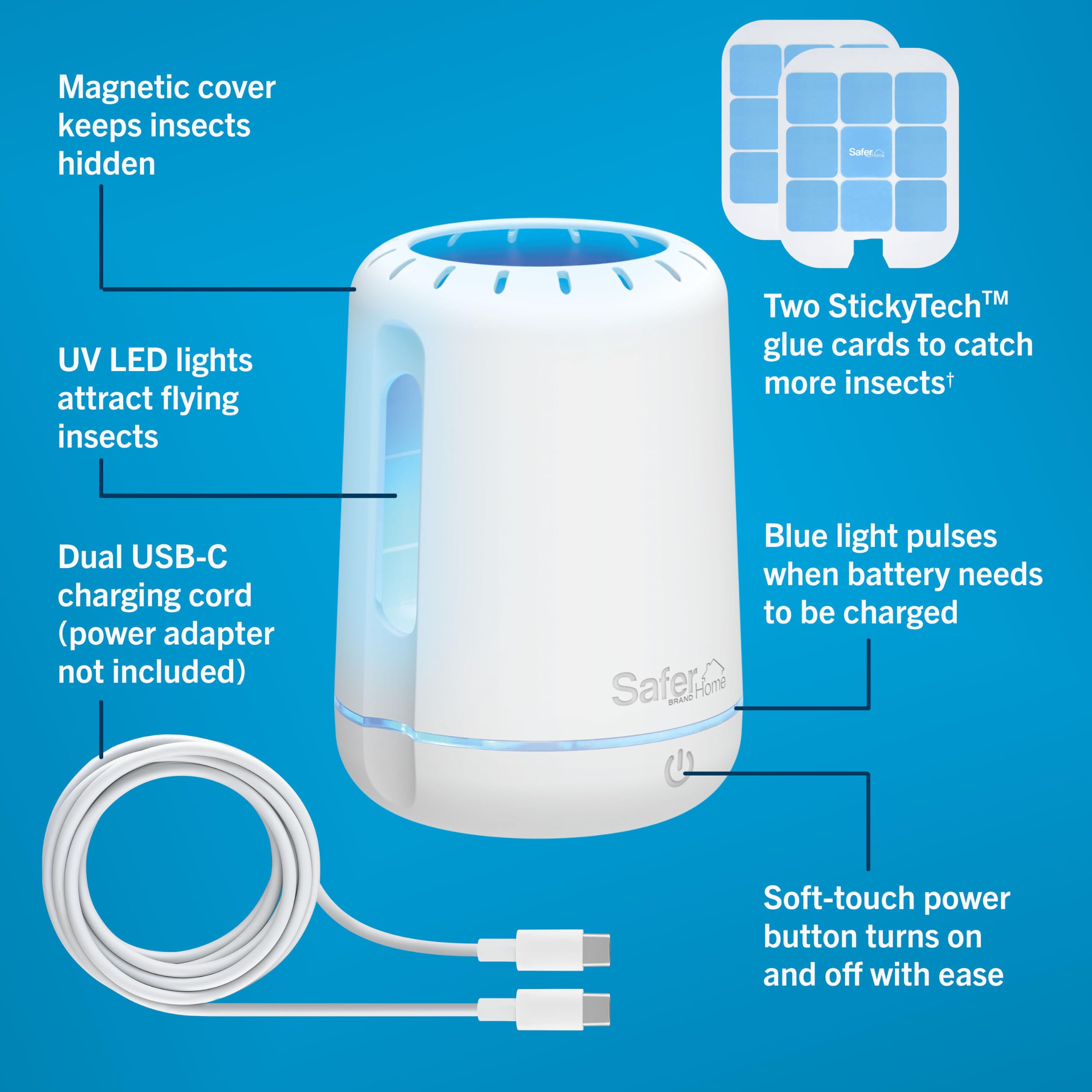 Safer Home Catch - Trappola wireless per insetti volanti a 360°, luce LED UV, senza sostanze chimiche, batteria ricaricabile da 10 giorni, trappole efficaci per mosche di frutta per interni, trappole